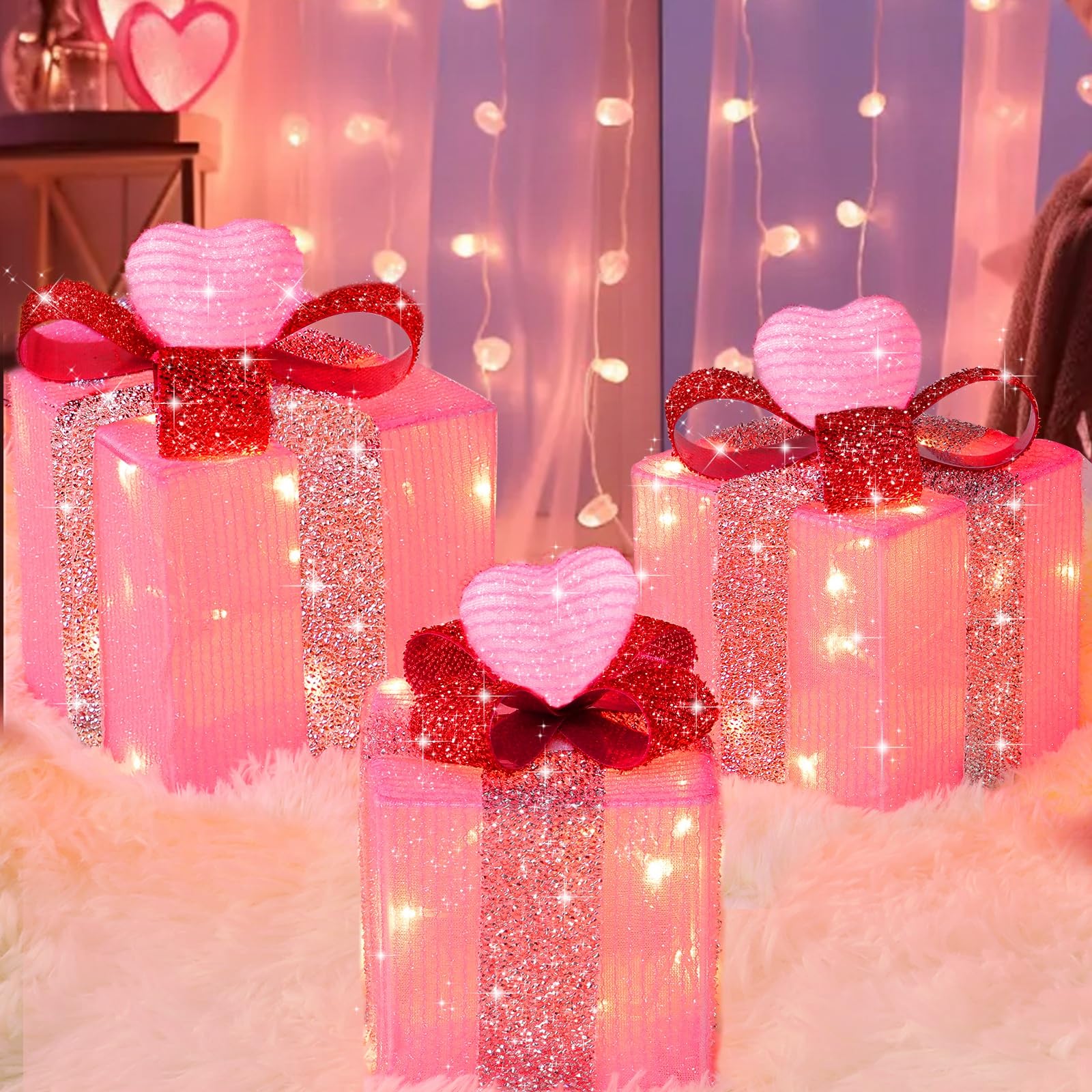 TURNMEON [Timer & 8Mode] 3Pack Pink Valentines Day Decorations Lighted Gift Boxes Battery Operated with Hearts, Glitter Fabric 60LED Present Box for Valentines Day Decor,Home,Bedroom,Outdoor(7"-6"-5")