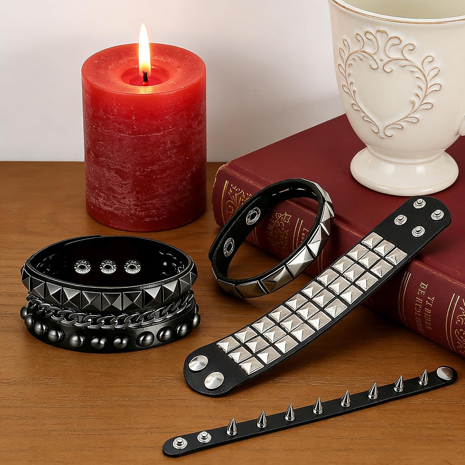 Handmade Black Leather Wrap Studded Bracelets for Women Men, 4Pcs Vintage Punk Wrist Cuff Bangle Wristband Emo Jewelry Gifts