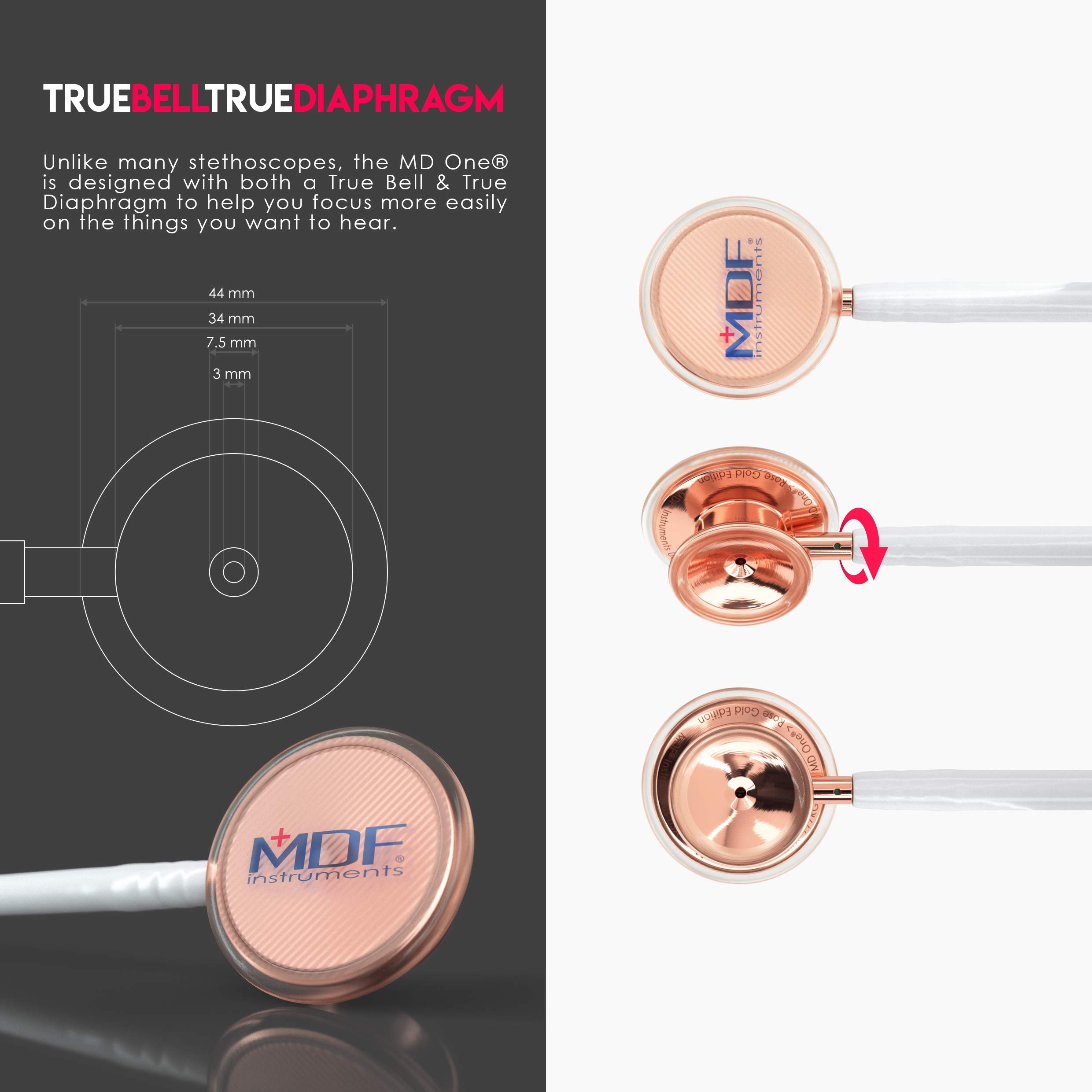 MDF Instruments MD One Estetoscopio doble cabeza de acero inoxidable - GarantÃa de por vida & Programa-piezas-gratuitas-de-por-vida - MDF777-RG29 (Oro Rosa/Blanco)