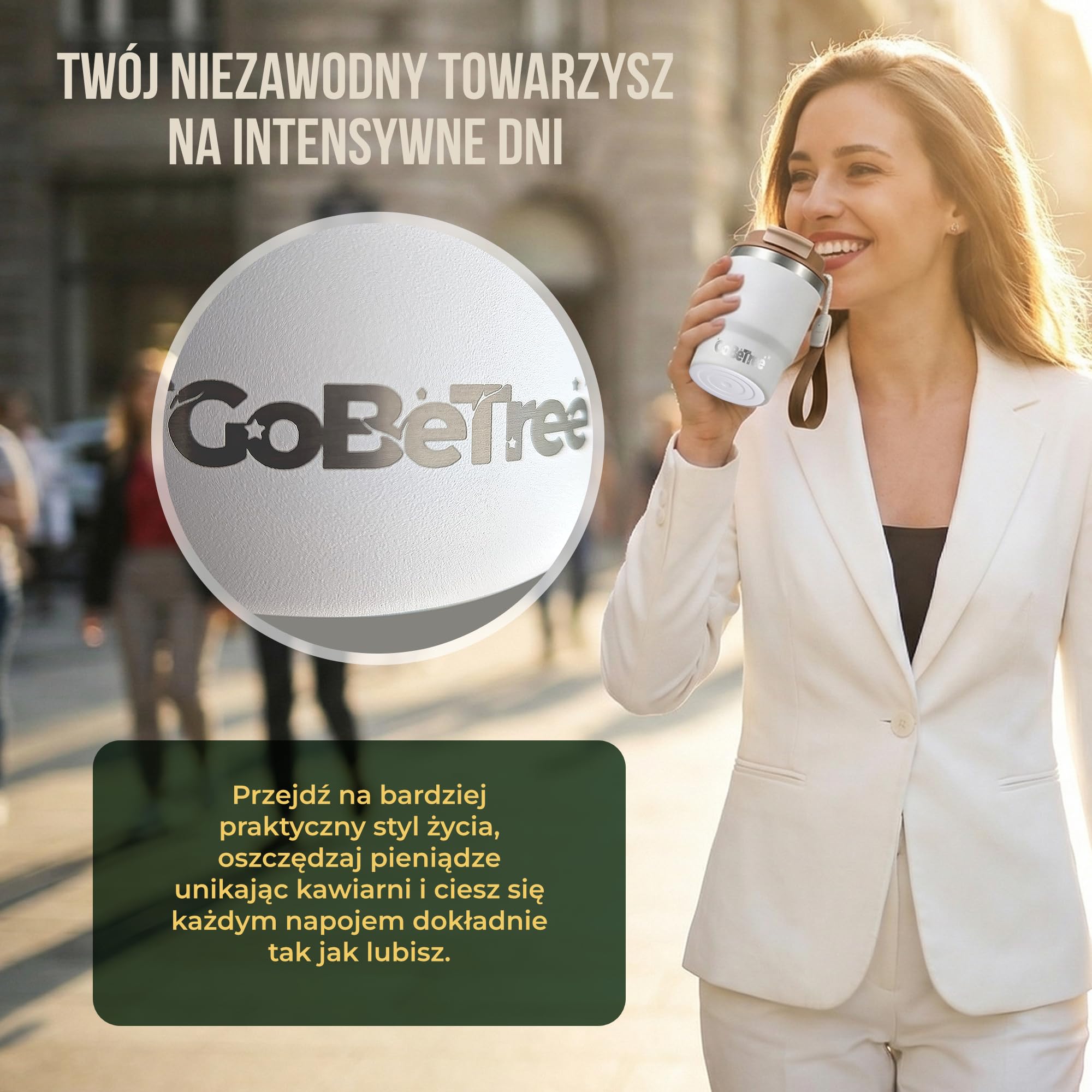GoBeTree Kubek Termiczny do Kawy 360 ml (12 oz) Stal Nierdzewna ANTIQUE. izolowany tumbler z pokrywką 3 w 1 szczelną, słomką wewnętrzną i odpinanym paskiem do biura, samochodu, podróży i siłowni