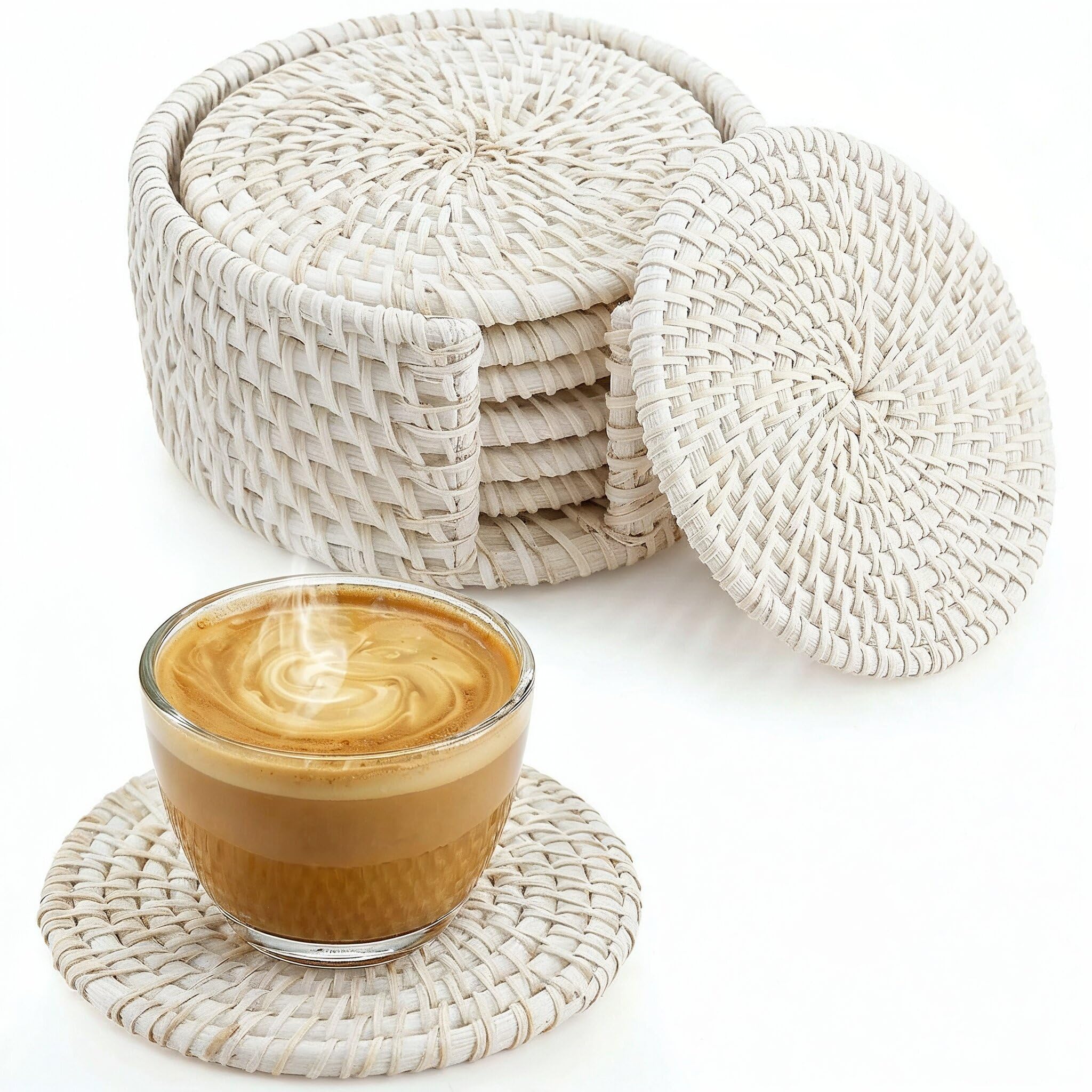 JUNGLE CULTURE Handmade Rattan Coasters for Drinks with Holder • Natural Round Coaster Set of 6 • Sustainable Wicker Homeware • Coffee Table, Mugs, Glasses, Tiki Cups • Boho Home Decor - Whitewashed