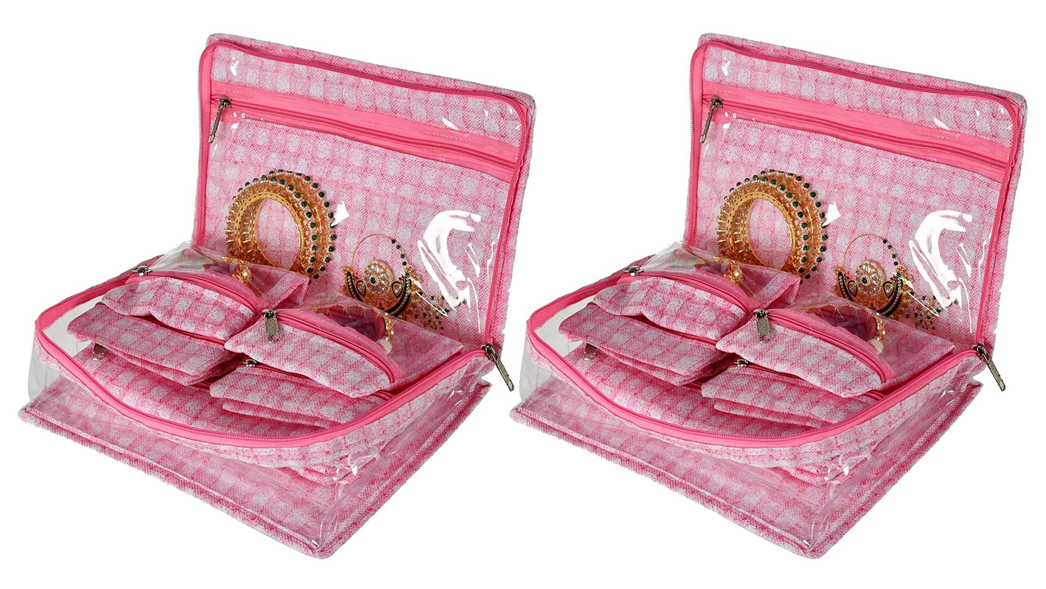 Kuber Industries Check Design Laminated PVC Multipurpose Jewellery Storage Bag/Travel Kit with 13 Tranasparent Pouches, Pink, Pack of 2, Portable,Travel
