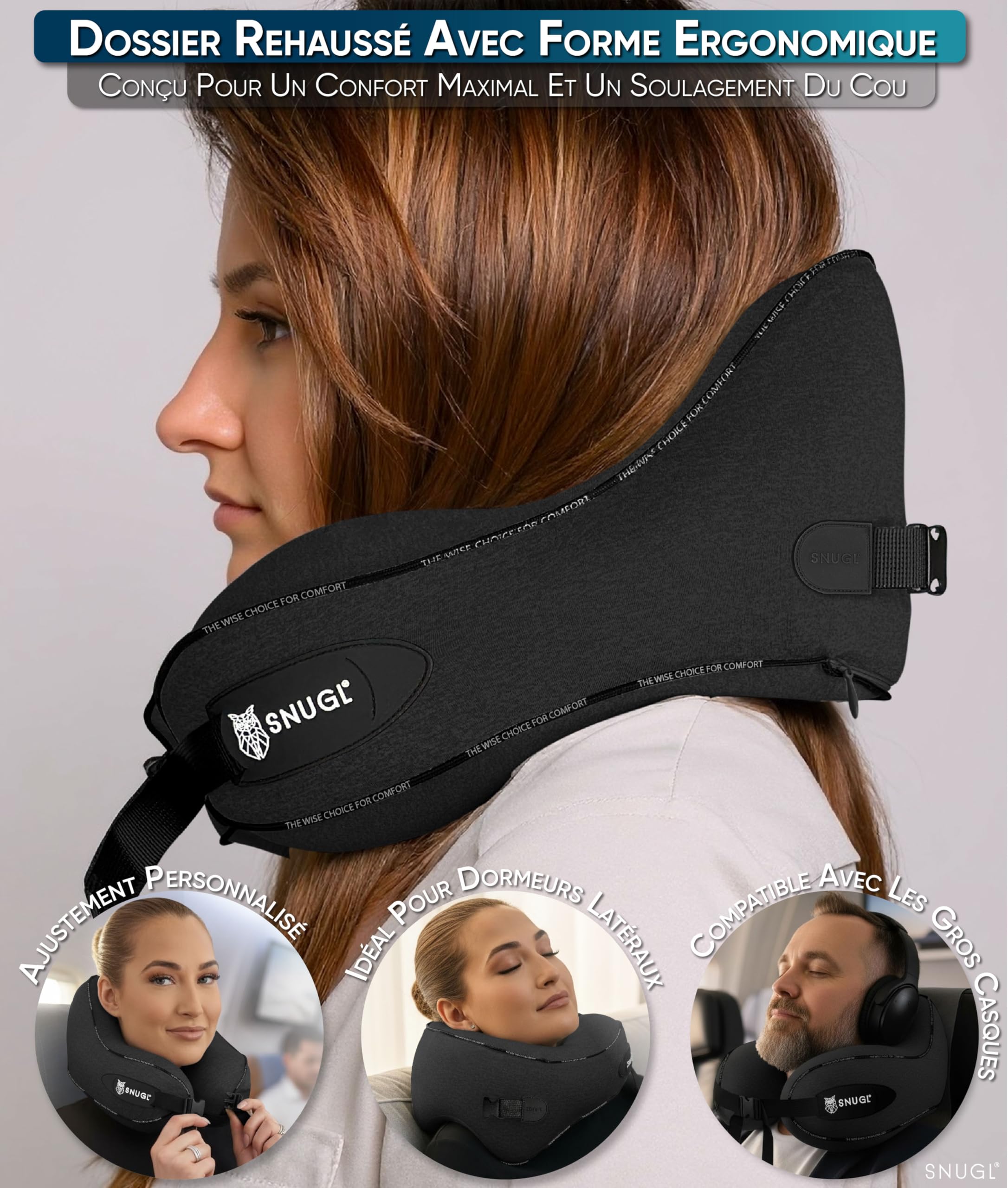 SNUGL Oreiller memoire Forme Ergonomique | Coussin de Voyage Avion Confortable | Oreiller de Voyage avec Tour de Cou | Accessoire pour Train, Voiture, Avion (Noir - Régulière)