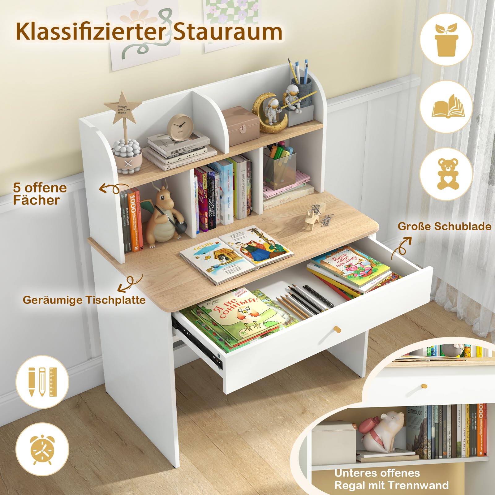 DREAMADE Schreibtisch Kinder aus Holz, Jugendschreibtisch mit Schublade & offener Ablagefächer & Regal, Schülerschreibtisch Kinderschreibtisch für Kinder ab 3 Jahren (Weiß+Natur)