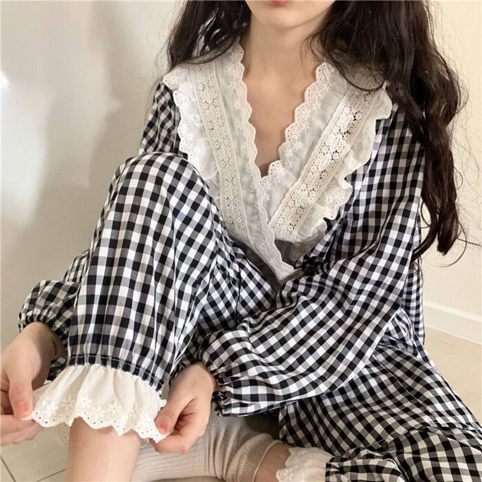 Kobiety słodkie zestawy piżam - dziewczęcy dekolt w serek stylowa krata cały mecz bielizna nocna minimalistyczny studenci Harajuku elegancki miękki Jogging Homewear dla dorosłych stroje garnitur (Col