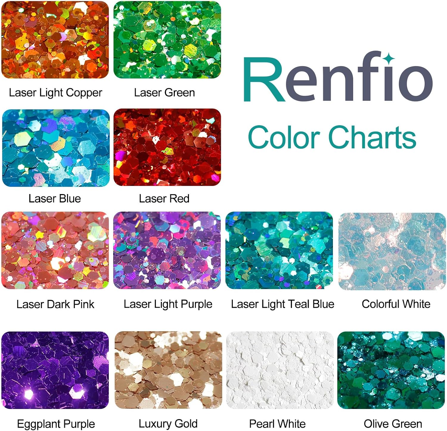 Renfio Iridescent Chunky Glitter, 1.76oz/50g Colorful White Glitter for Snowglobe Tumbler,PET Flake Mixed Fine Powder for Snowglobe Tumbler,Craft,Epoxy Resin,Festival Decor,Nail,Slime