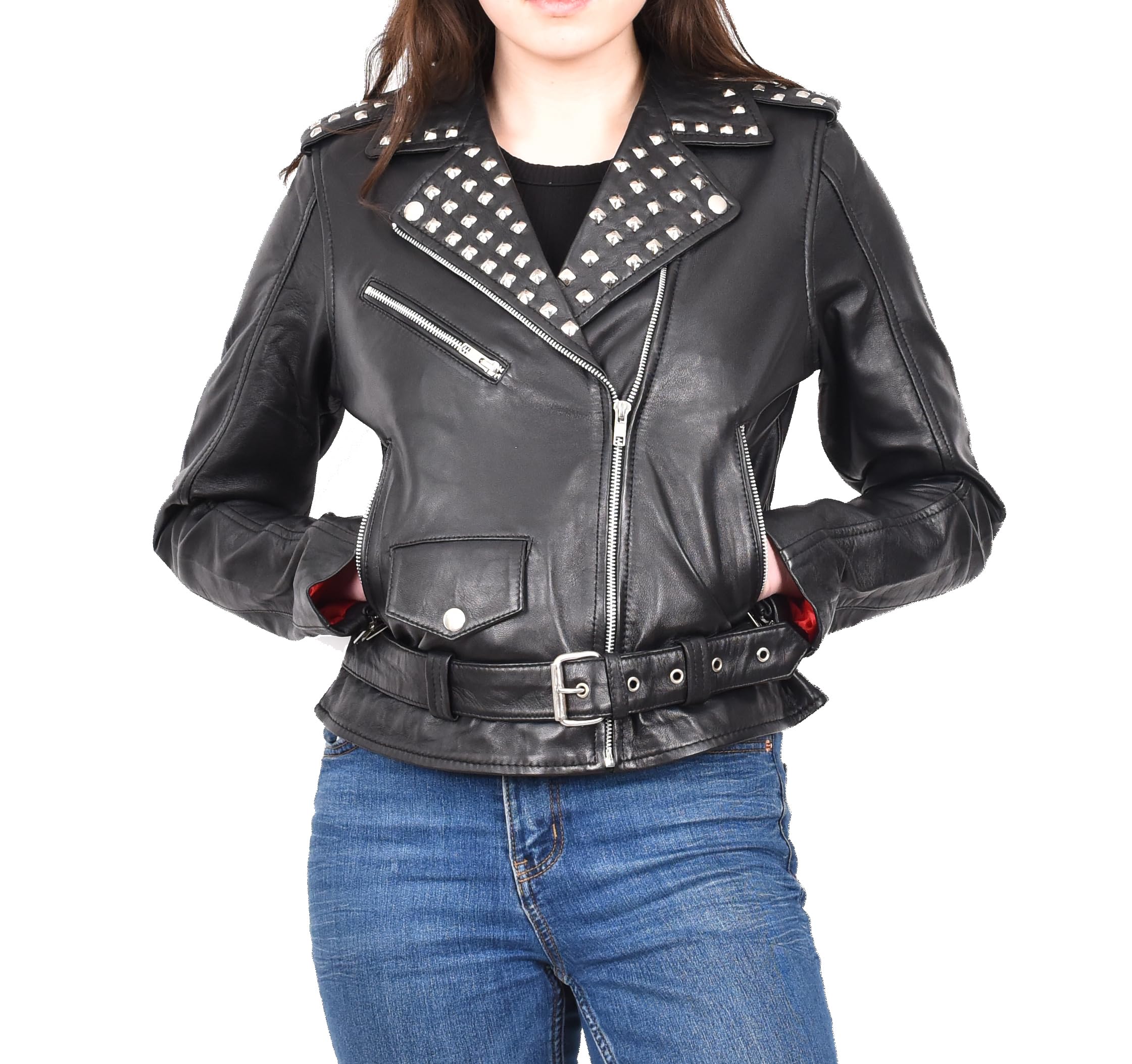 Divergent Retail Ladies Fashion Genuine Leather Biker Jacket Studded Brando Motorcycle Coat Enfleda Black (UK, Numeric, 14, Regular, Regular, Black)