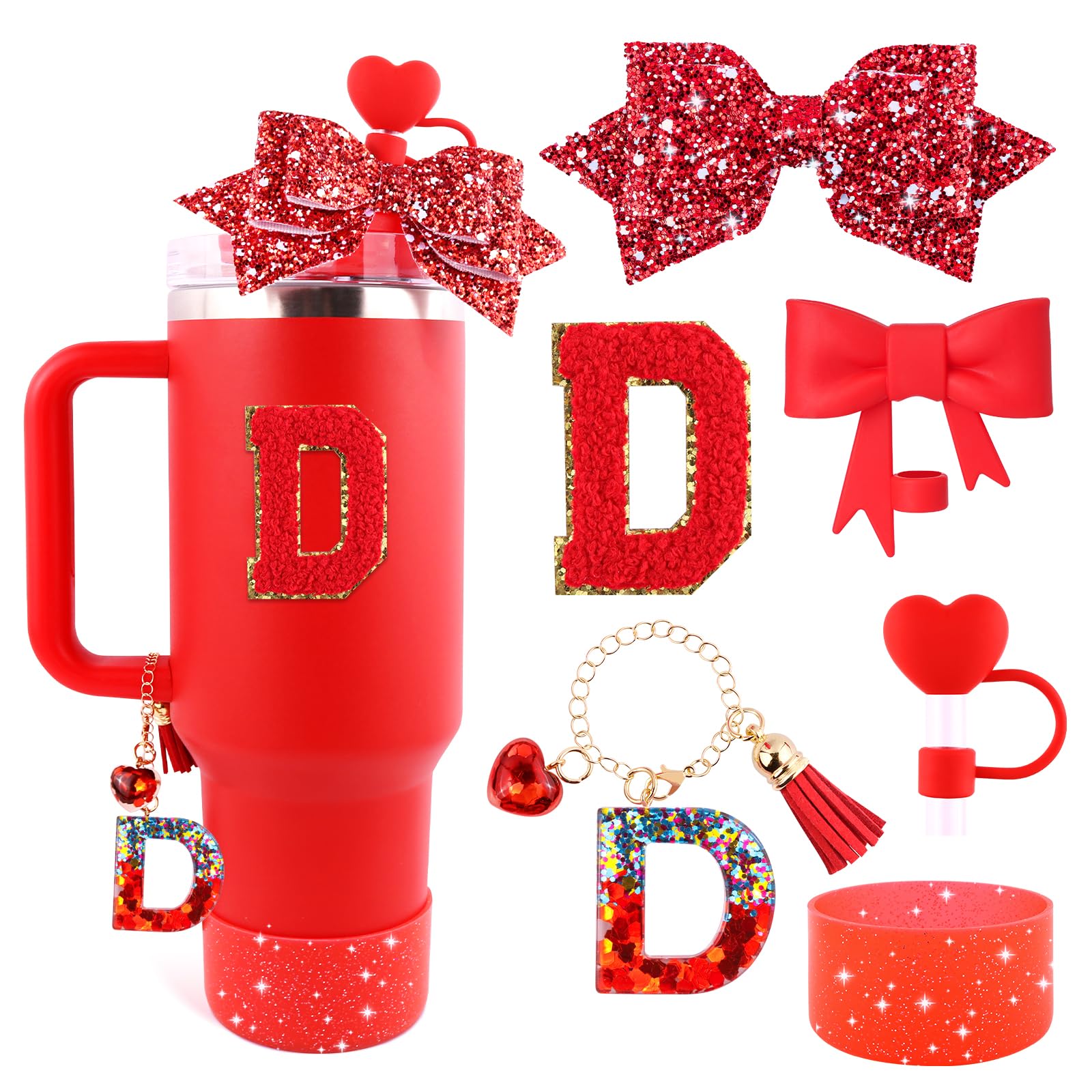 Lingdeer Red Cup Accessories Set for Stanley 30OZ & 40OZ Tumbler with Handle, Letter Charms, Bow & Diamond Straw Covers, Glitter Silicone Boot,