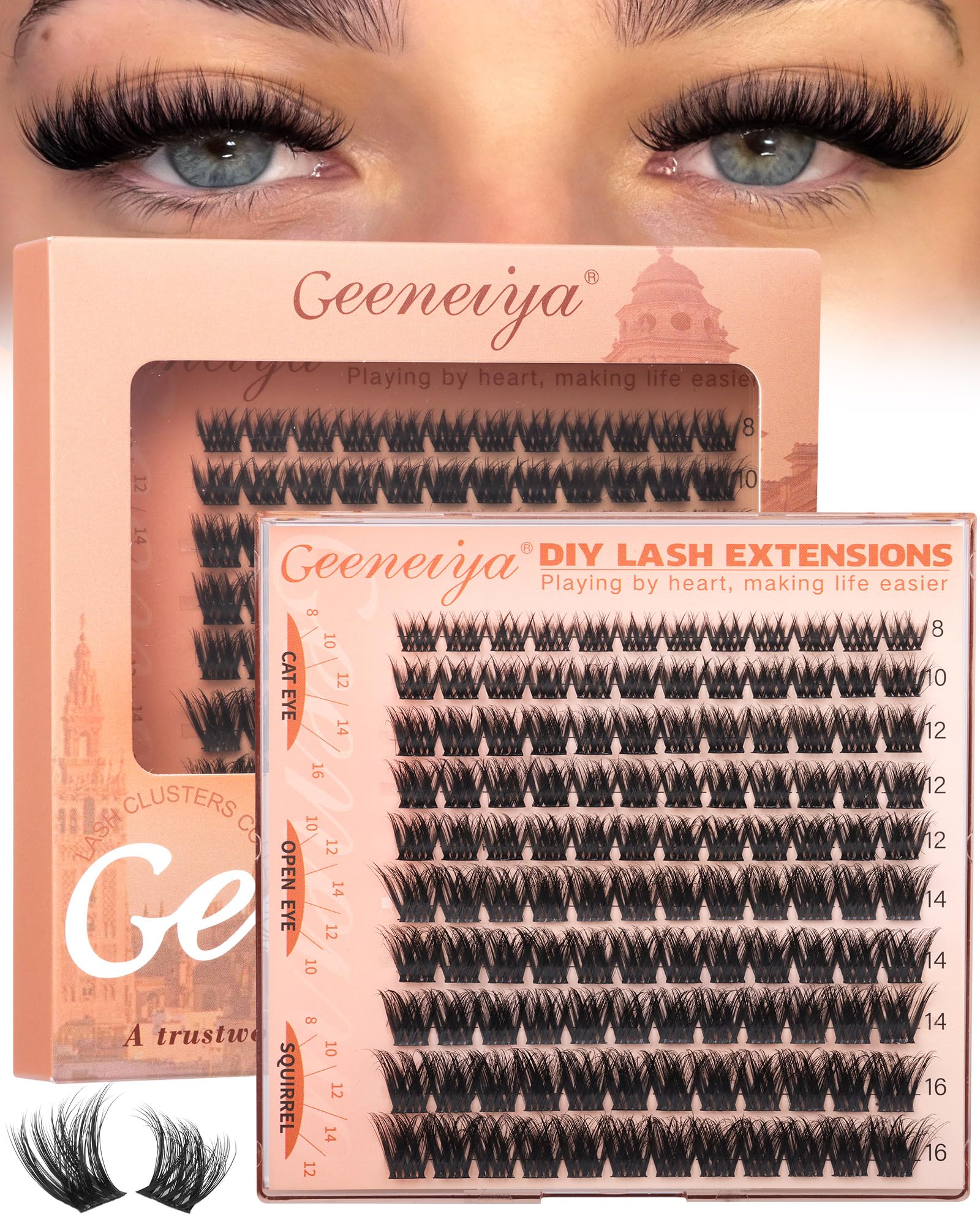 Geeneiya Fluffy Lash Clusters 8-16mm Natural 3D Fluffy Effect Eyelash Clusters C Curl DIY Cluster Eyelash Extensions for