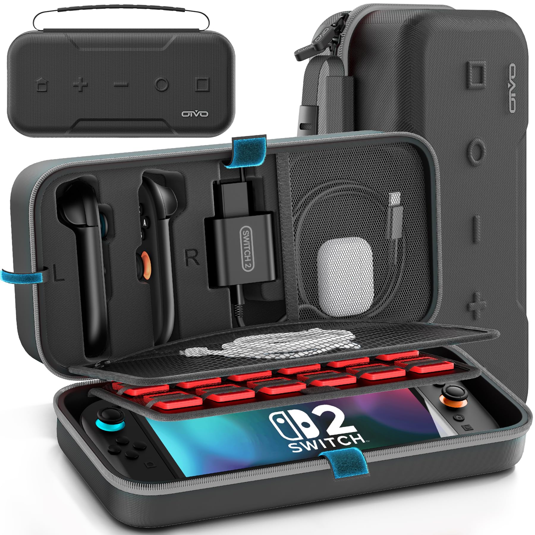 OIVO Switch 2 Tasche für Nintendo Switch 2 Modell, große Tragetasche für Joycon und EU Netzteil, Harte Hülle mit Aufbewahrung für 24 Spiele & Zubehör, Grau