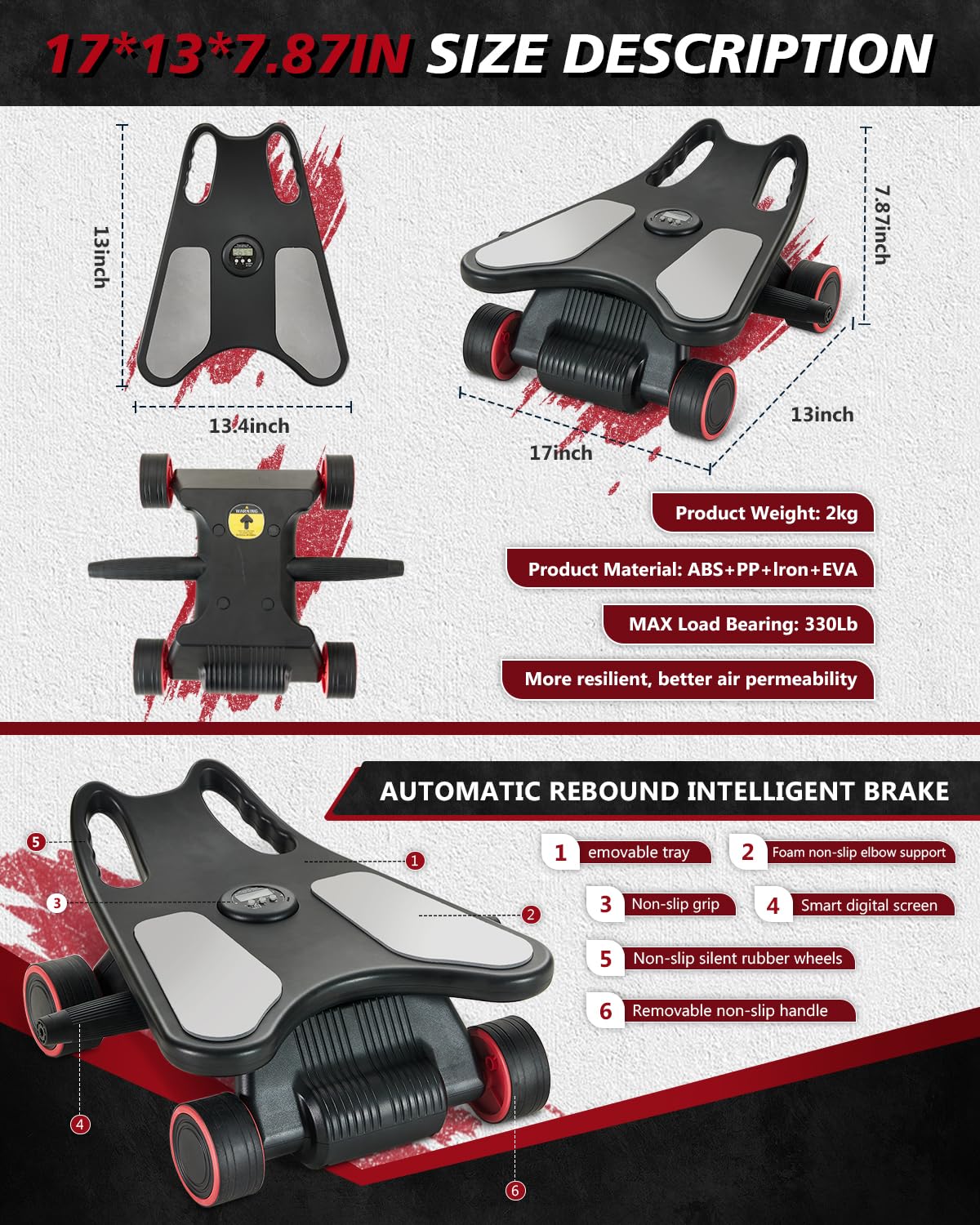 Ab Roller Rad, Ab Roller, Upgraded Automatic Rebound Ab Roller mit Ellenbogenstütze, Kniematte & Timer, 4 Räder Ab Workout Equipment für Core Strength Training, Silent Ab Wheel für Anfänger Männer
