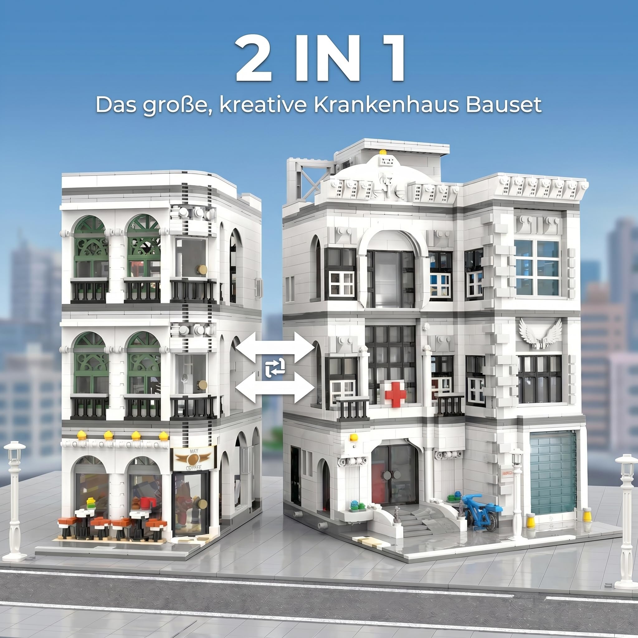 2 in 1 Klemmbausteine Krankenhaus mit 17 Figuren & Krankenwagen | 4953 Teile, Stadt Haus Bauset für Erwachsene, Modern Hospital Modular Building