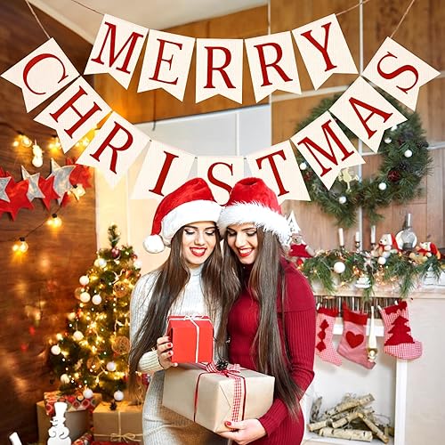 Vista 7 de GCQQ Pancarta de Feliz Navidad - Guirnaldas de Pancarta de Arpillera de Navidad Roja y Blanca de 9.8 Pies Pre-enhebrada para Interiores, Pancarta