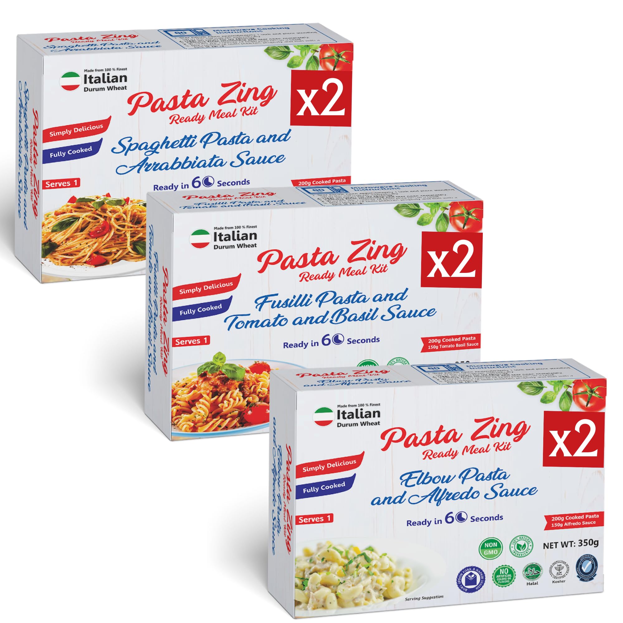 Pasta Zing Ready Meal Variety Pack – 12.3 oz (Pack of 6) | 2 Each: Elbow, Fusilli & Spaghetti Pasta with Flavored Sauces | Microwave in 60 Seconds | 100% Italian Durum Wheat | Quick Dinner or Side Dish
