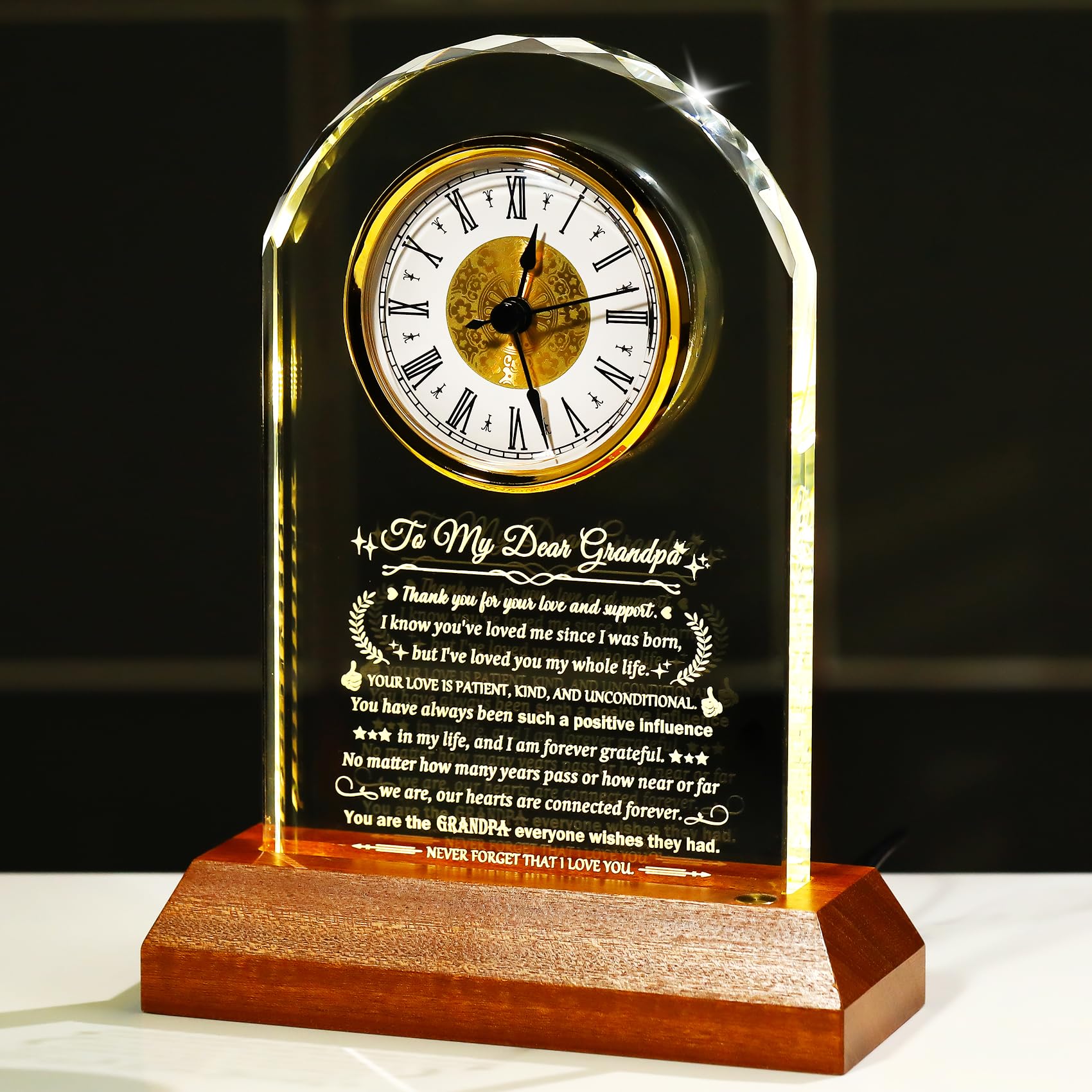 Arikyrist Regalos para abuelo de parte de nieta, reloj de cristal para abuelo, regalo de cumpleaños con base de luz de madera, regalos para el mejor abuelo de parte del nieto, recuerdos de Navidad