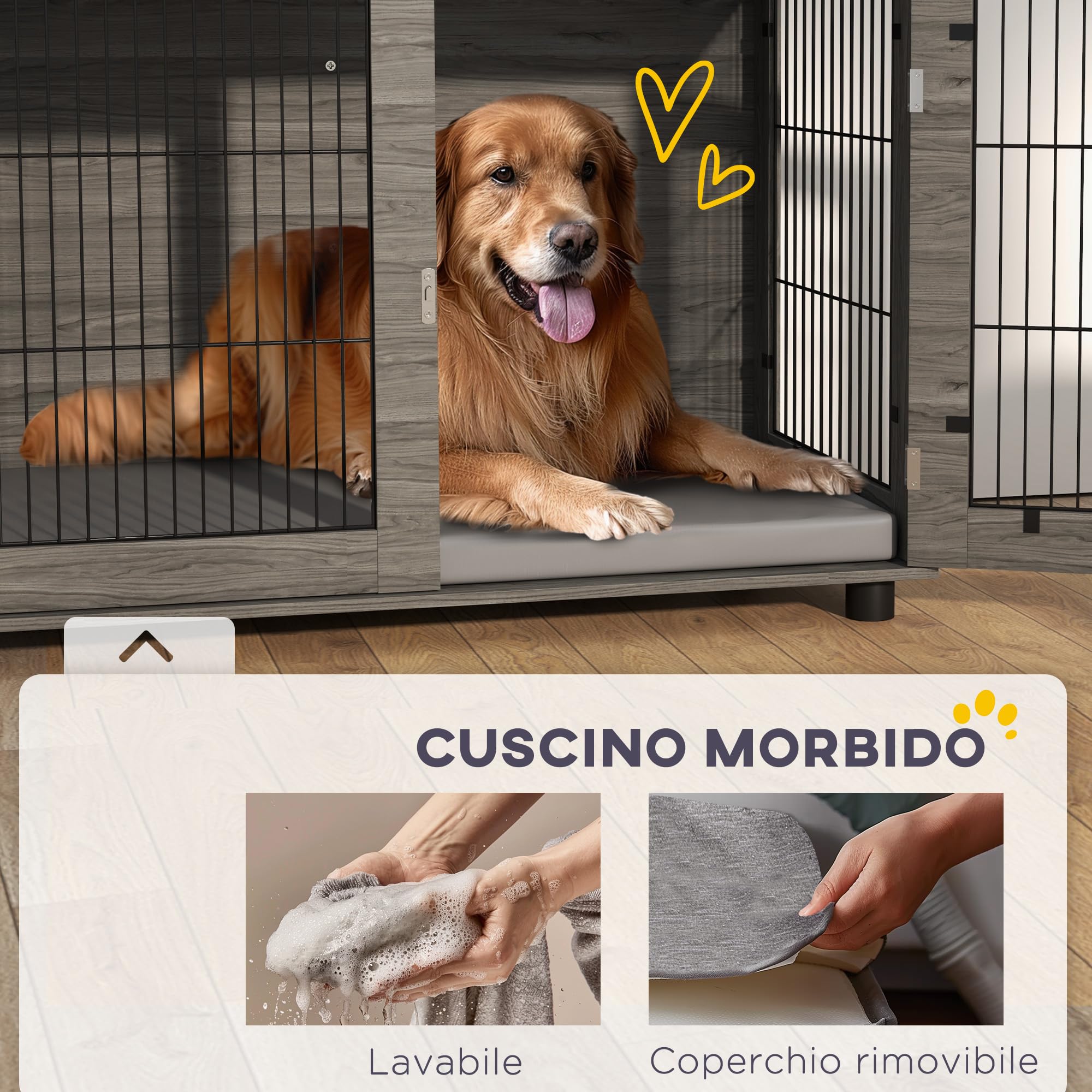 PawHut Gabbia per cani interni fino a 30 kg, 100 x 60 x 73,5 cm, grigio | Tavolino per cani, cuccia per cani, cuscino sfoderabile, porta bloccabile, facile da montare