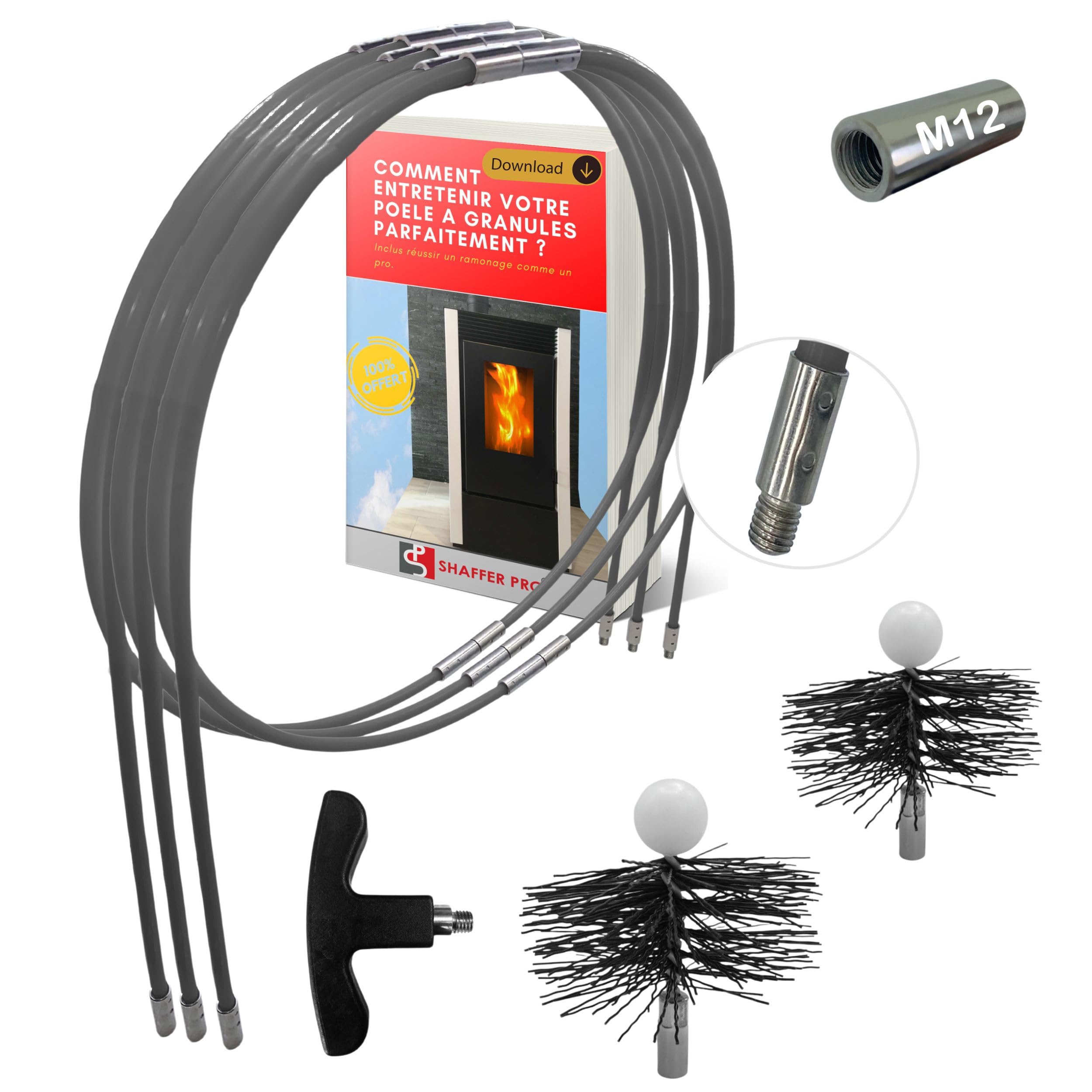 Kit de ramonage pour poêle à granulés 6 mètres | Hérisson 80/100 mm | 10 tiges flexible
