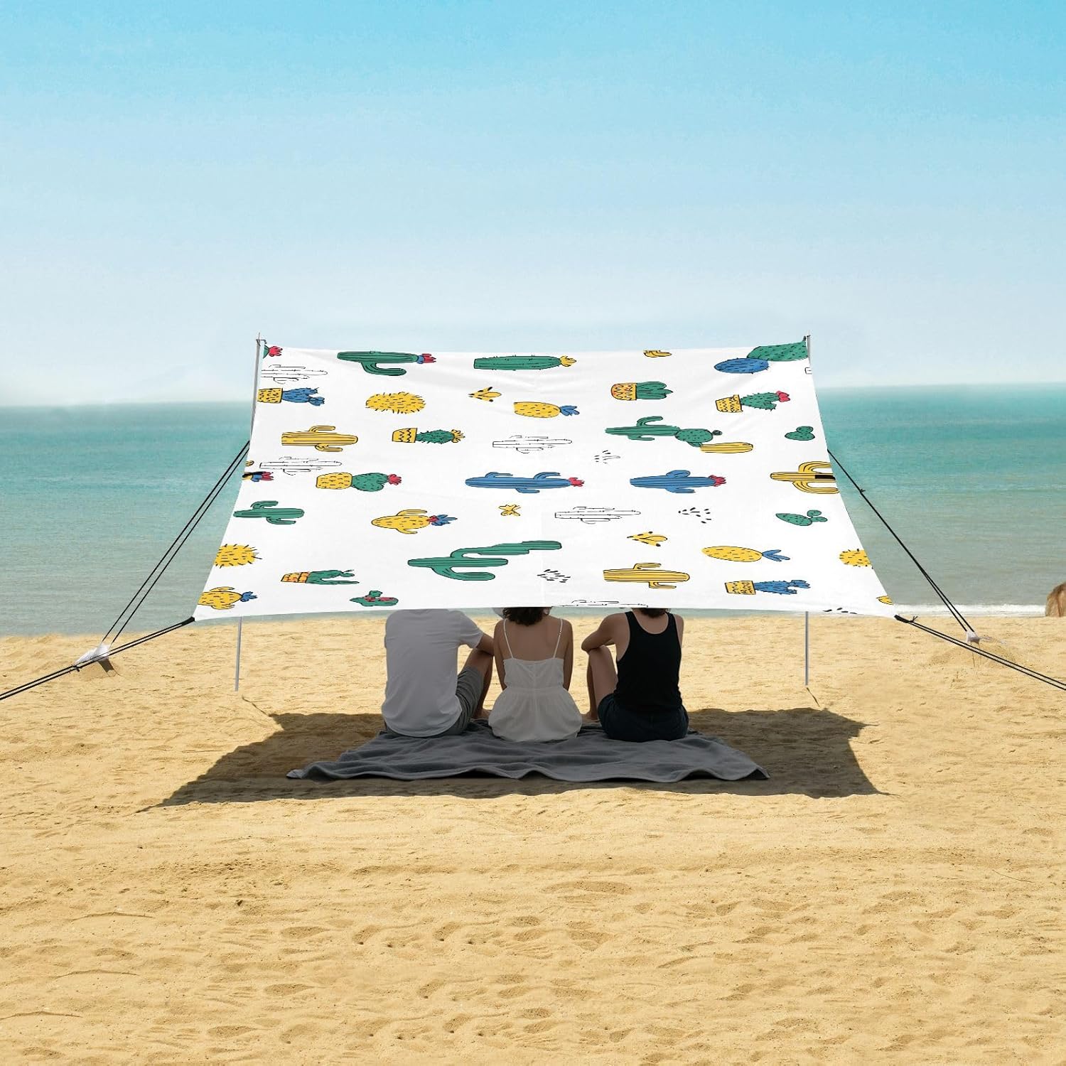 ALAZA Cactus Pattern Beach Tent Sun Shelter UPF50+ Protection Beach Shade Canopy w/ 4 Sandbags for Outdoor Camping, Fishing, Backyard Fun, Picnic, 10x9 ft