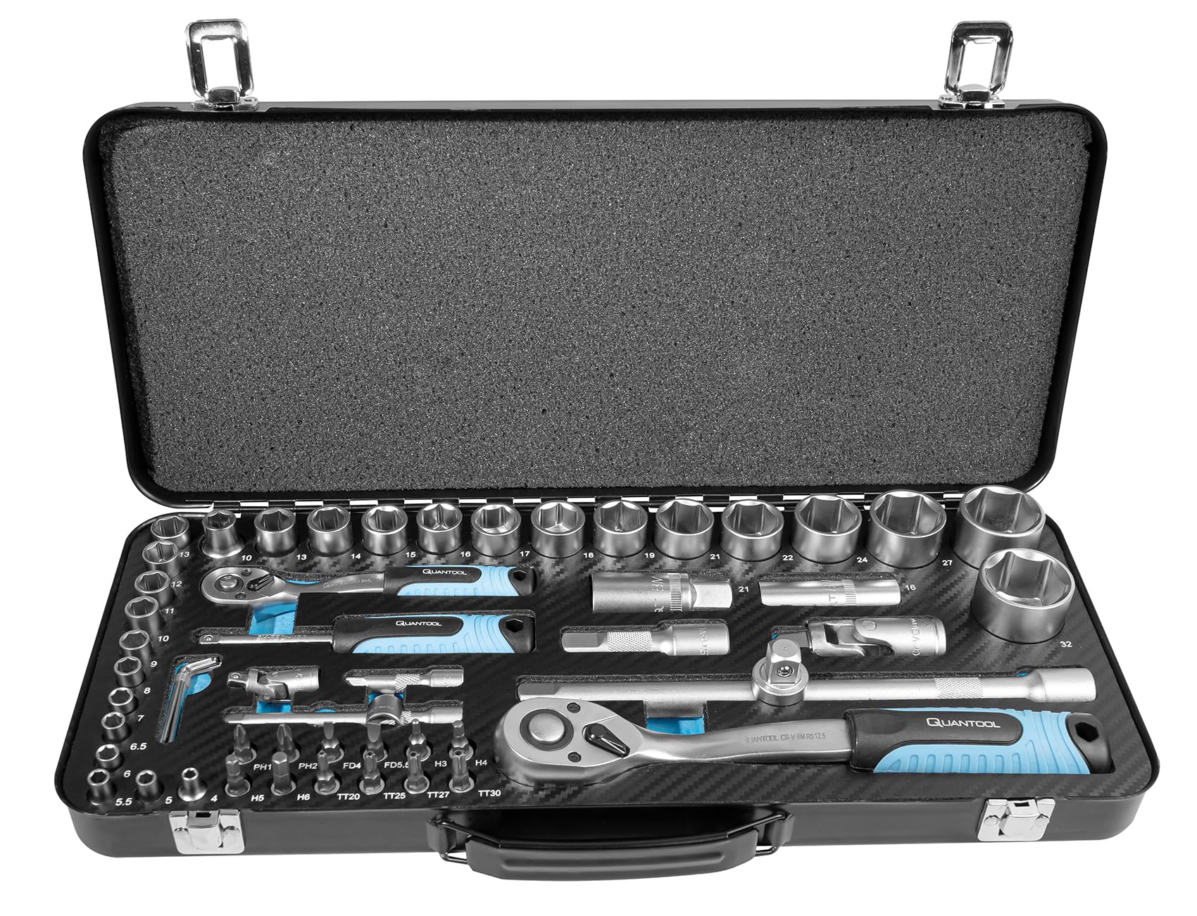 Quantool Q25010 zestaw bitów nasadowych 56-częściowy – w solidnej metalowej kasecie – grzechotki dwukierunkowe, wkładki 1/4", 1/2", wkrętaki kątowe ze stali CrV – dla majsterkowiczów, warsztatów i