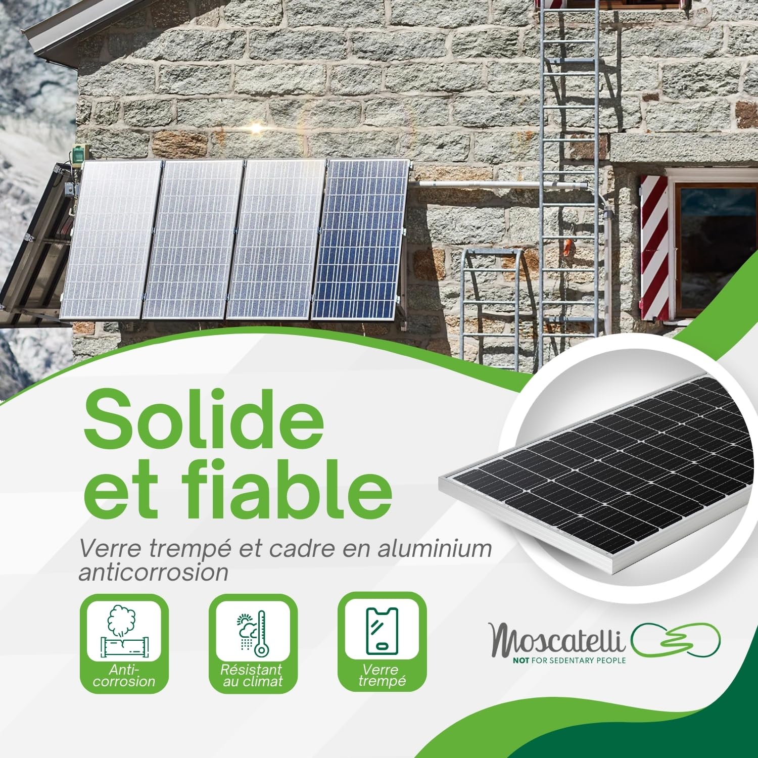 MOSCATELLI 100W Panneau Solaire Monocristallin pour Batteries 12V - Demi-Cellules à très Haute Performance PERC 9BB 166 x 75 - Tension 21V