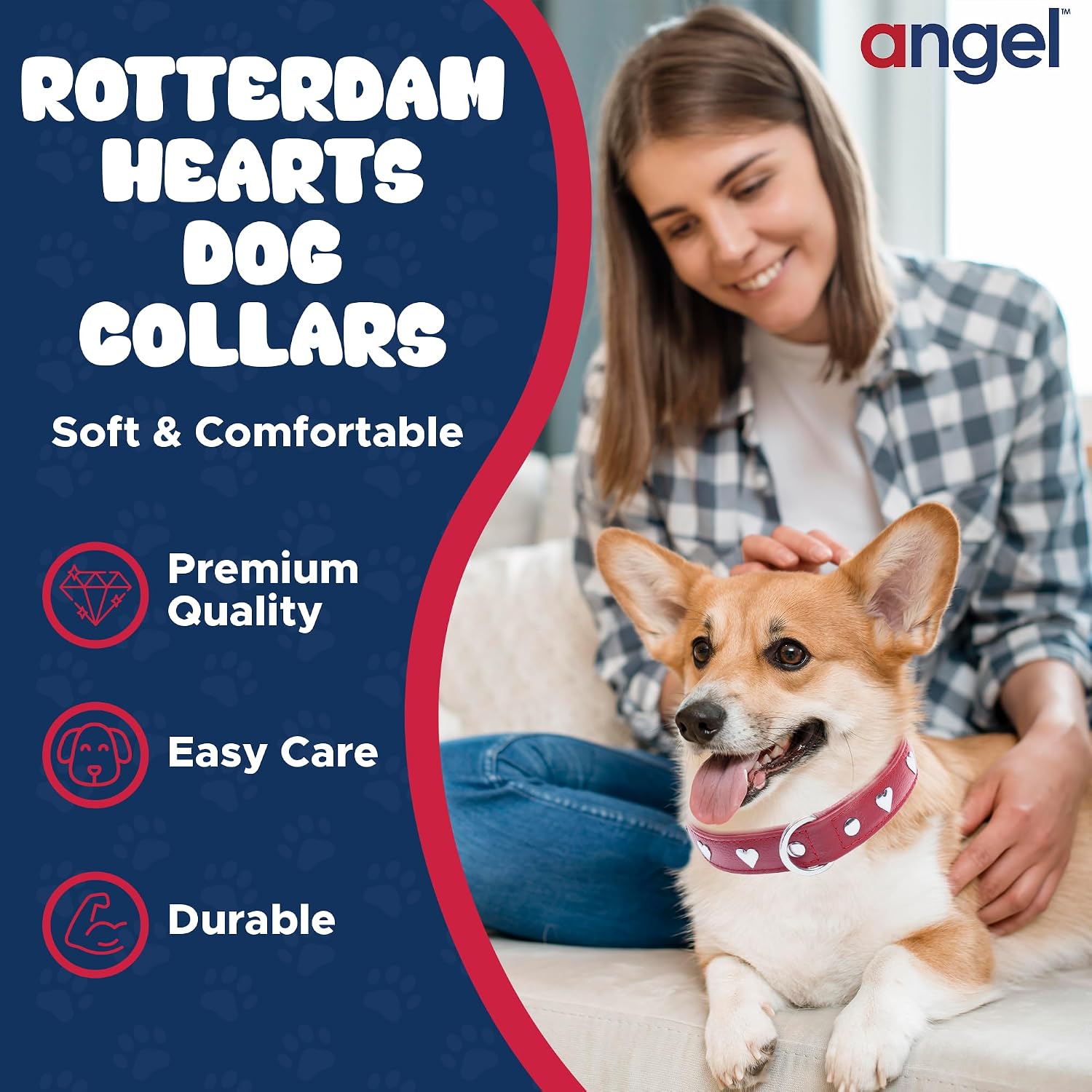 Angel Pet Supplies Genuine Leather Hearts Studded Dog Collar by Angel Pet. Soft and Durable Padded Leather. (20” x 1”, Valentine Red), Medium/Large, 41392