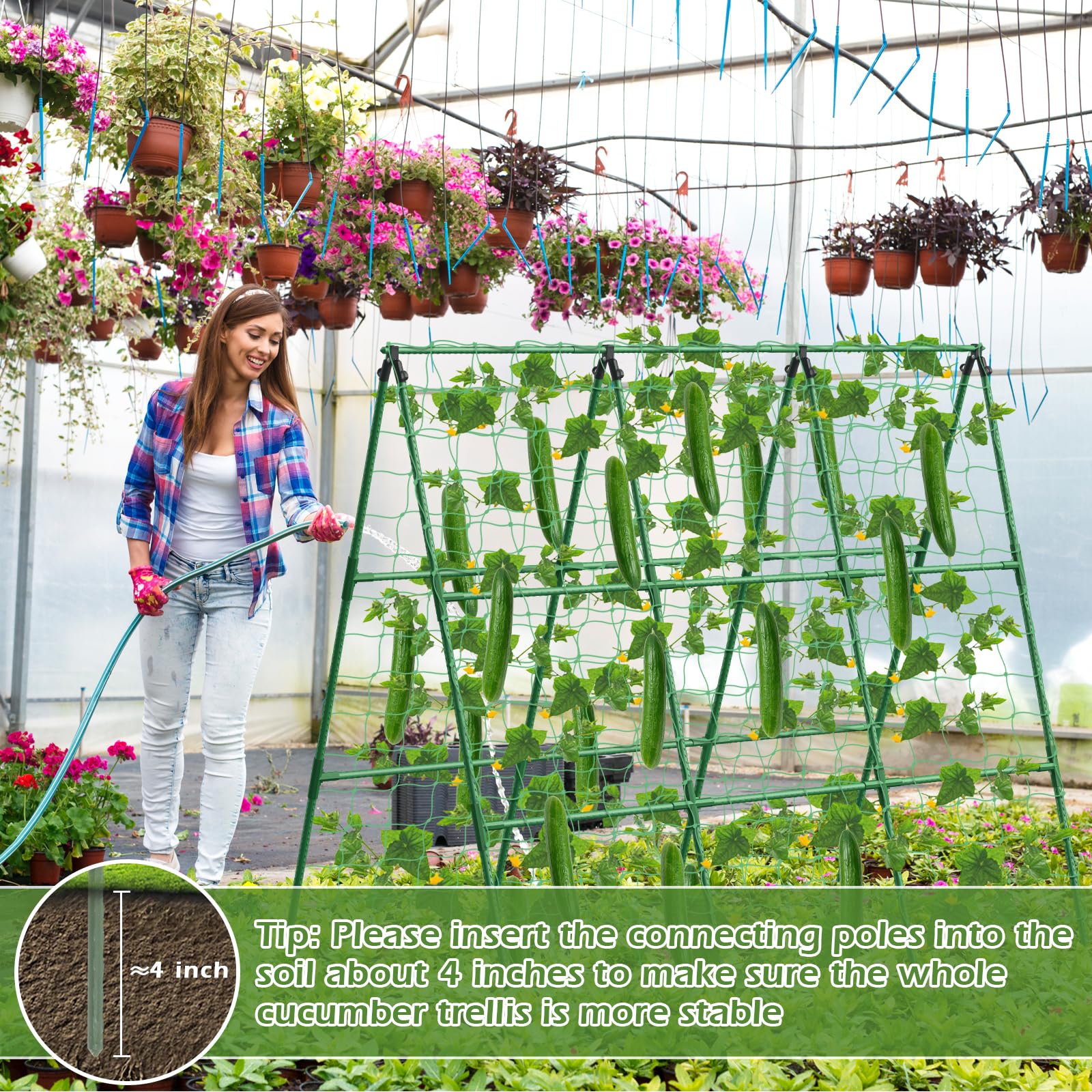 Gurken-Rankhilfe für Hochbeete, 45 x 53 Zoll Verstellbares A-Rahmen-Gartengerüst für Kletterpflanzen im Freien mit Kletternetz und Pflanzstützclip Ideal für Gemüse, Weintrauben, Tomaten & Gartenbedarf