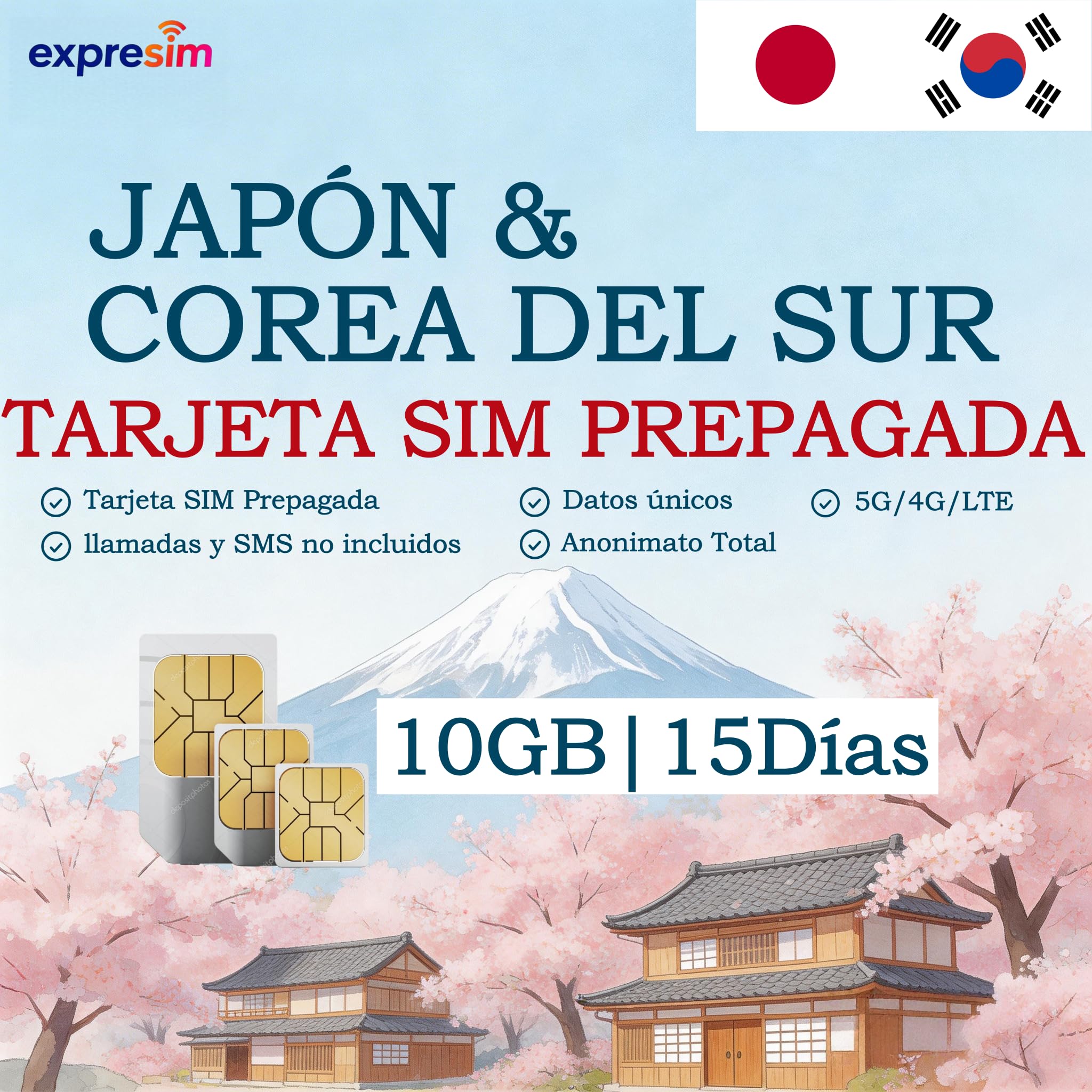 Tarjeta SIM Prepago Japón y Corea del Sur | 10 GB por 15 Días | SIM para Viajes | Datos Únicos | Sin Compromiso ni Registro | 5G/4G Alta Velocidad | Totalmente Anónima