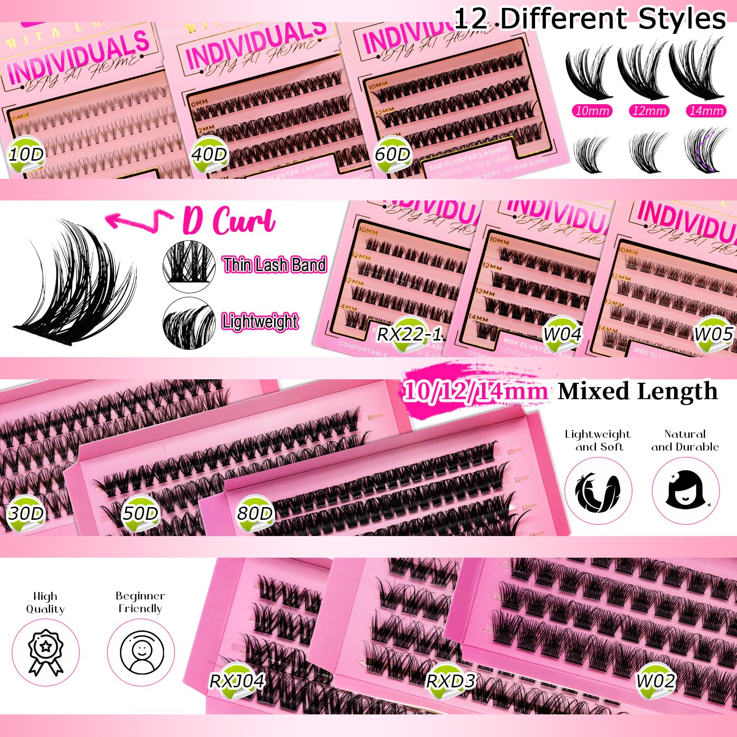 Lash Clusters Kit Lashes Clusters 12 Boxes Cluster Lashes Soft Eyelash Extensions Wispy Eyelash Cluster with Lash Bond and Seal,Remover,Tweezers,Eyelash Curler(16 Counts Lash Kit) - Image 4