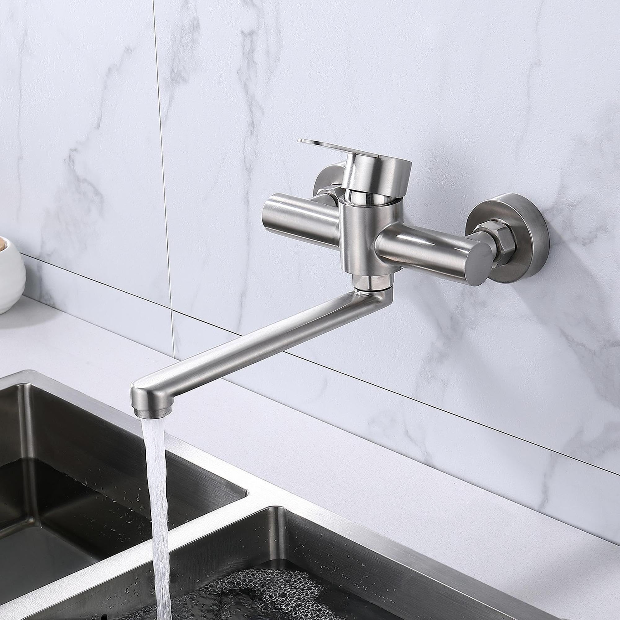 HomeLava Grifo Cocina de Pared con 30cm Caño Largo Giratorio, Giratorio 360°, Grifo de Cocina Fría y Caliente de Acero Inoxidable 304 para Fregadero, Cepillado