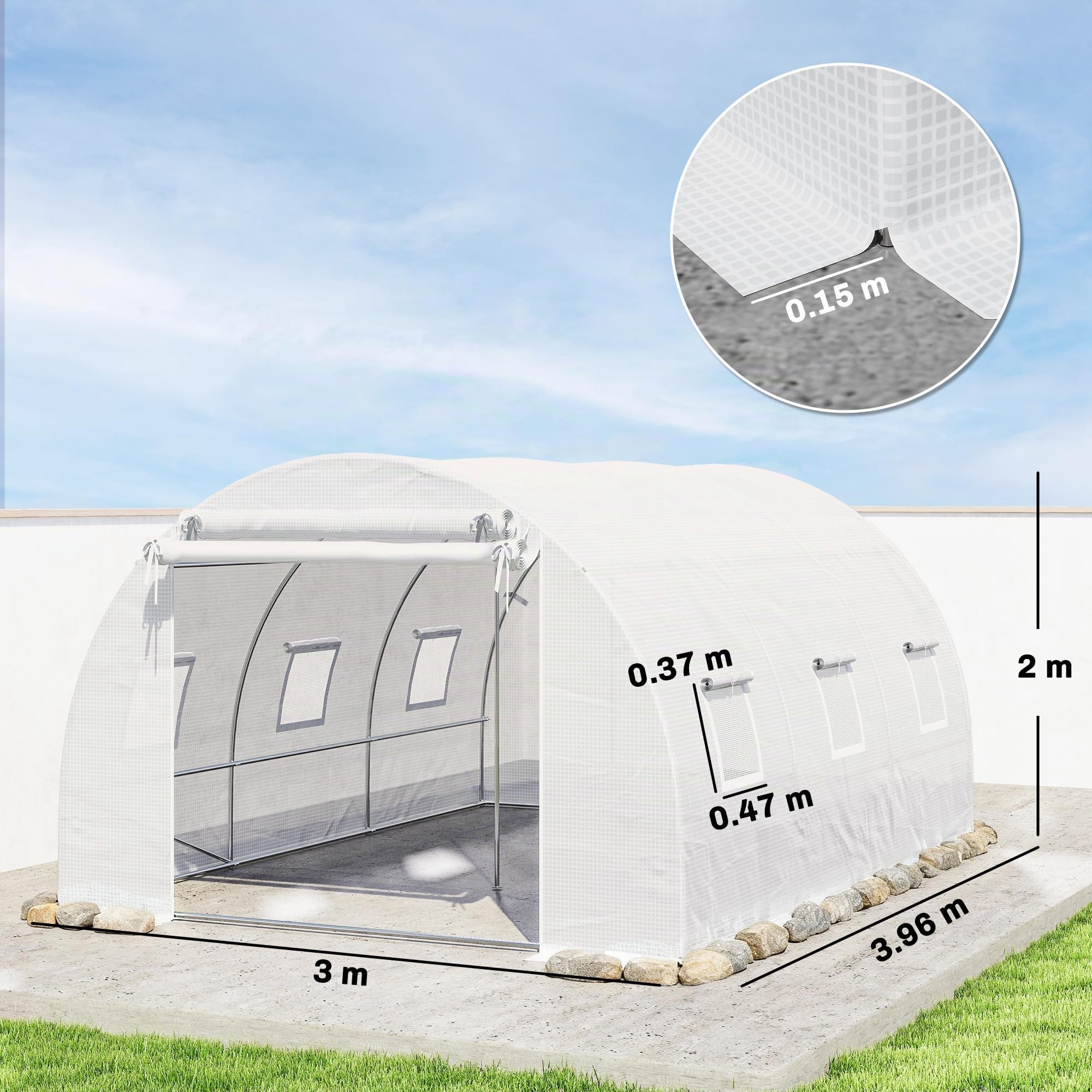 Outsunny Gewächshaus Foliengewächshaus 4x3x2m Winterfest Tomatenhaus mit 6 Aufrollbar Natzfenstern & Tür, Stahlrohr, PE Folie, stabil Folientunnel Pflanztunnel für Garten Weiß