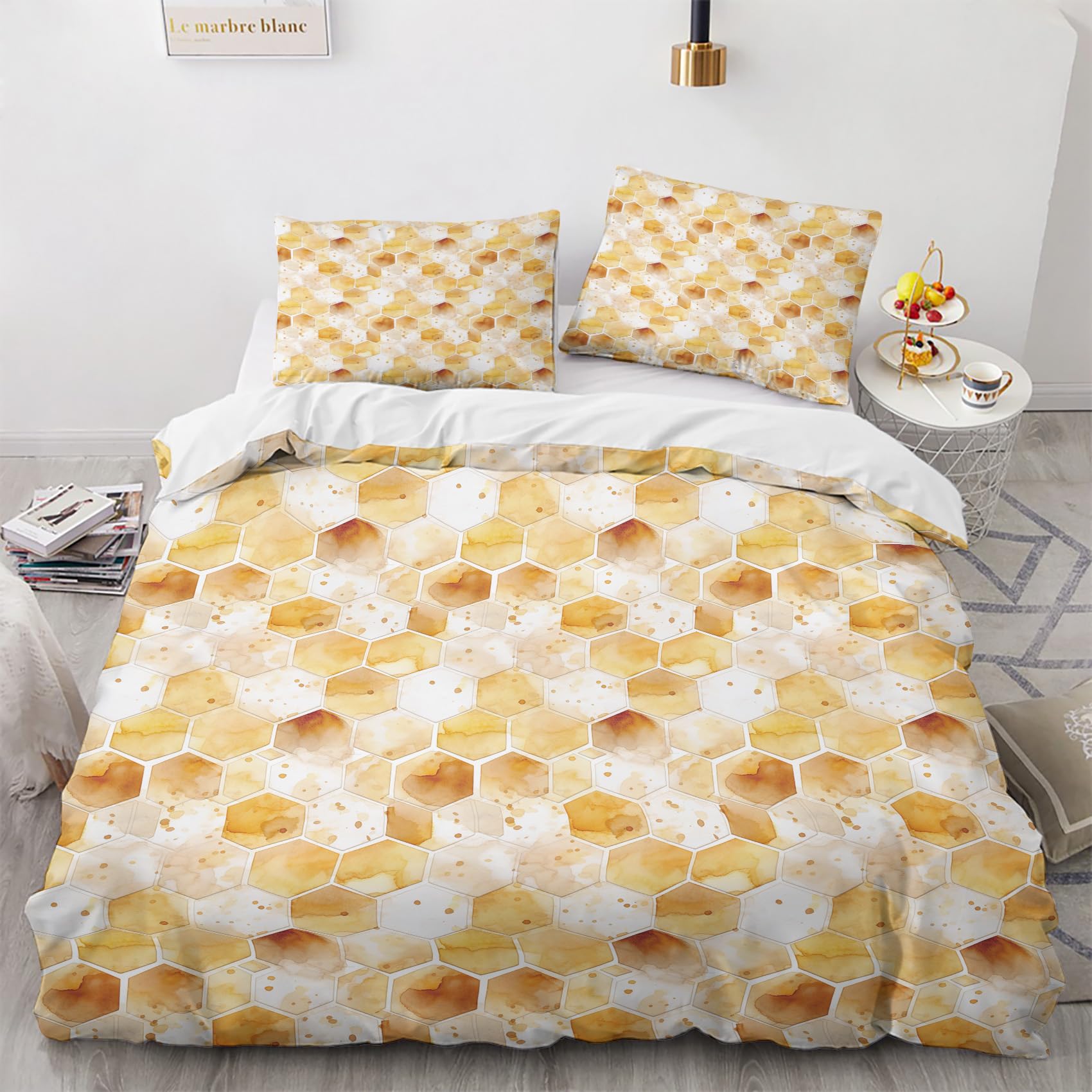 Housse de couette 200x200 nid d'abeille en polycoton avec ses deux taies d'oreiller assorties