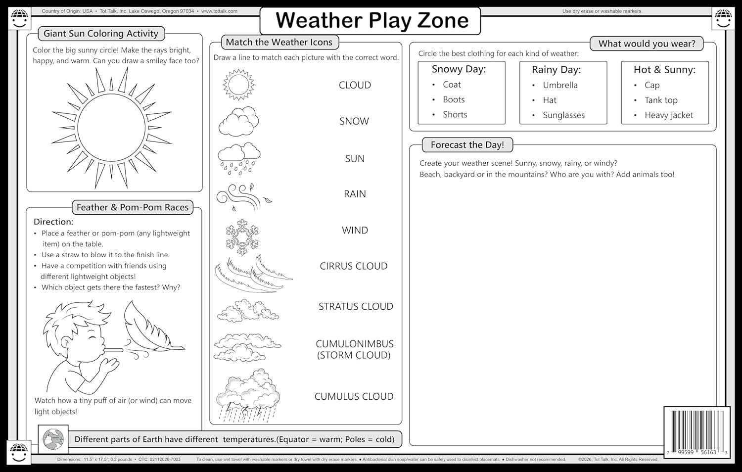 Tot Talk Everyday Skills Educational Placemat 4-Pack for Kids– Made in USA – Math, Money, Time & Weather – Ages 6-9 – Durable, Double-Sided, Waterproof, Wipeable Learning Mats