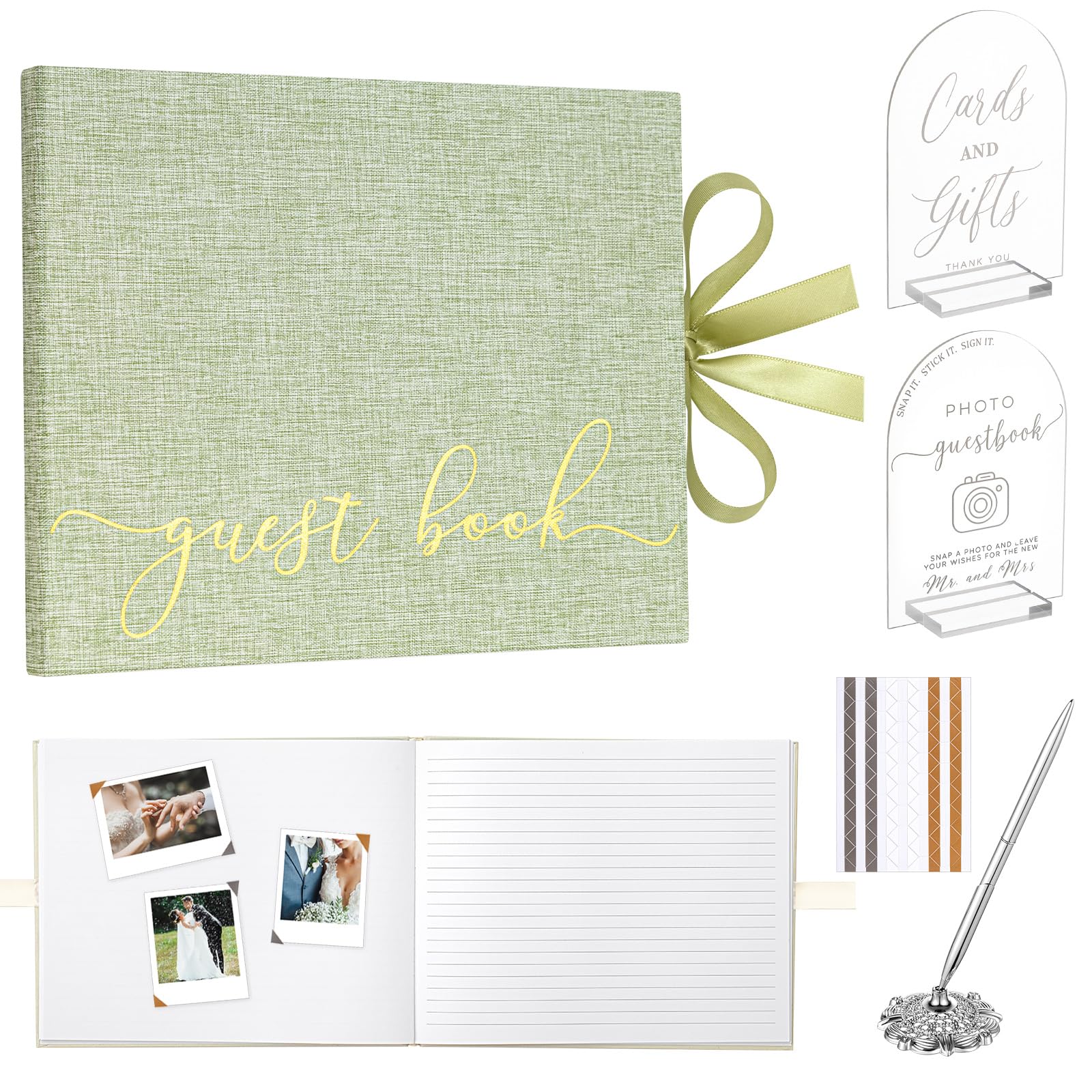 Engrowtic Hochzeitsgästebuch Set Elegant Leinen Foto Empfang Gästebuch 100 Seiten mit 2 Acryl Hochzeitsschilder 5 Blatt Fotoecken Aufkleber 1 Set Silber Stift für Braut Baby Shower (Salbeigrün)