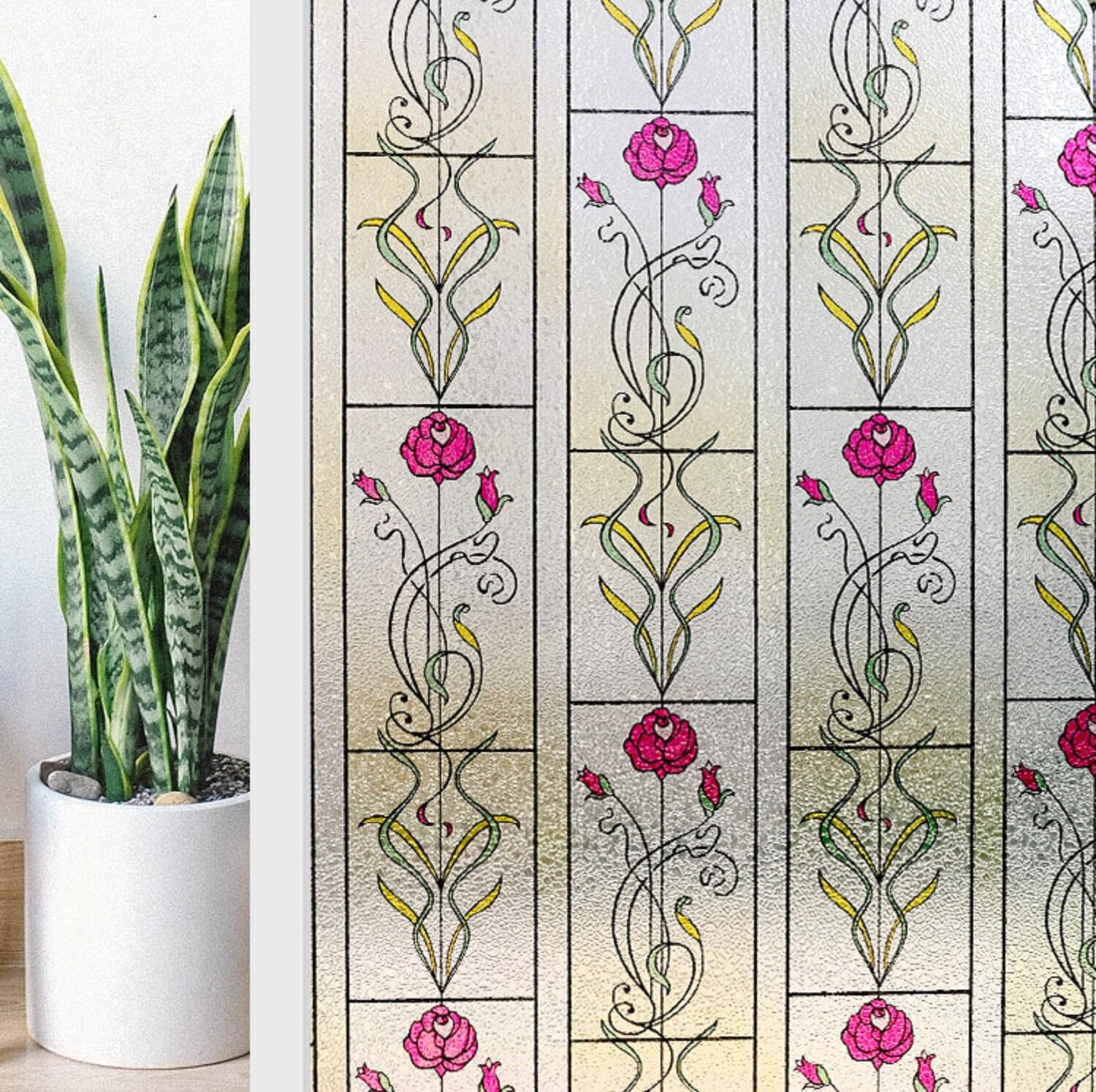 KESPEN WINDOW FILMS Window Privacy Film Stained Glass Frosted Glass Films Decorative Window Film with Rose Flower Static Cling Non-Adhesive Glass Stickers Heat Control for Home, 23.6 Inch X 6.5 Feet