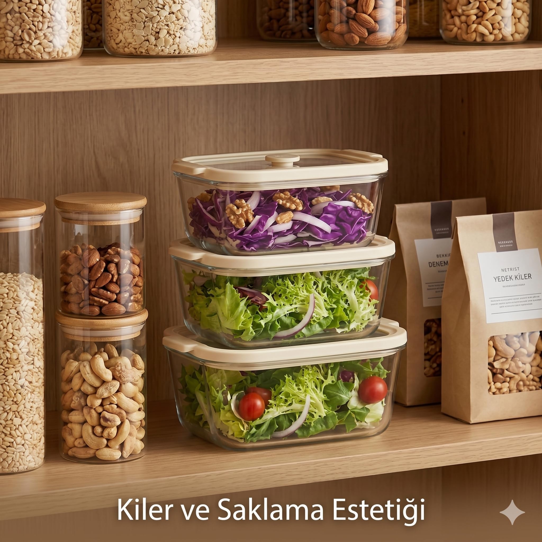 Sızdırmaz Kilit Kapaklı Cam Saklama Kabı - Krem Rengi Minimalist Tasarım, Koku Tutmaz Hava Almaz Yemek ve Erzak Kabı (4 Farklı Boy Seçeneği) (Krem, 800, Mililitre)