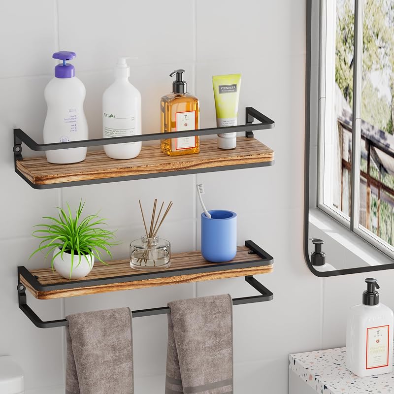 AFAjwsc Fali Polc Szett, 2 db Rusztikus Fa és Fém Lebegő Polc, 42 cm, Fürdőszobába, Nappaliba, Konyhába, Hálószobába, Helytakarékos Tárolóre