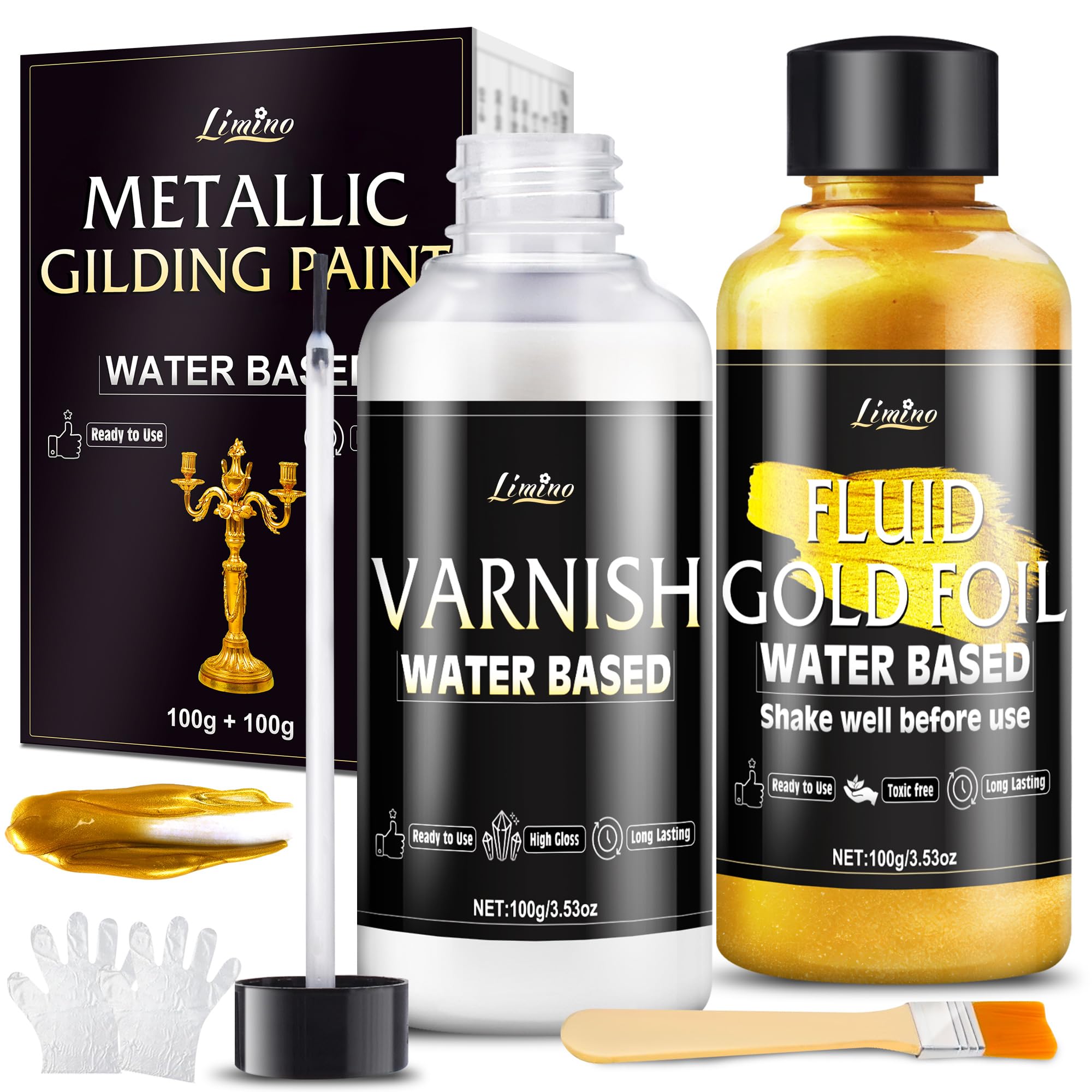 Limino Gold Acrylic Paint - 100g Water Based Acrylic Metallic Paint and 100g Varnish, Ultra Shining Fluild Gold Foil for Painting, Art Craft, Home Decor, Ideal for Canvas, Wood, Metal, Plaster, Stone