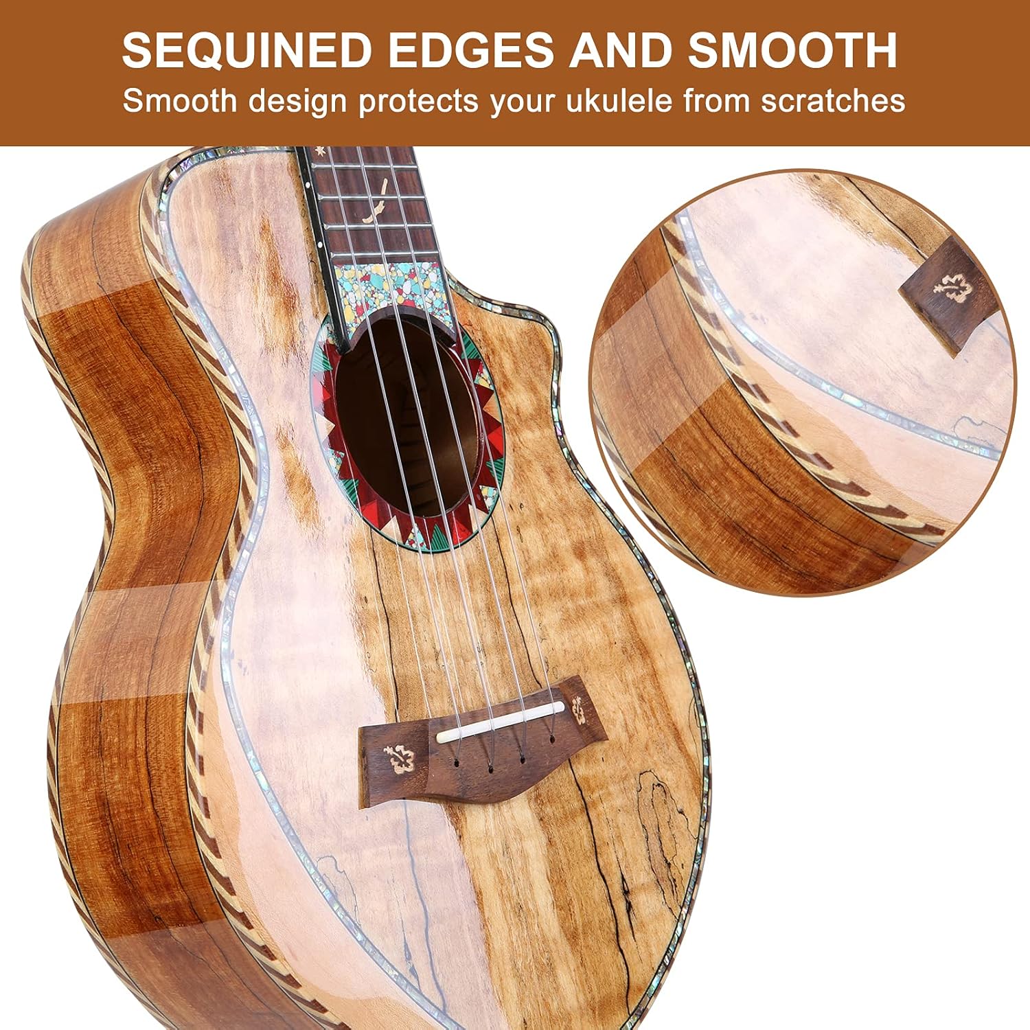 Close-up of Hricane Concert Ukulele UKS-2 showing sequined edges and smooth finish for comfort and protection.