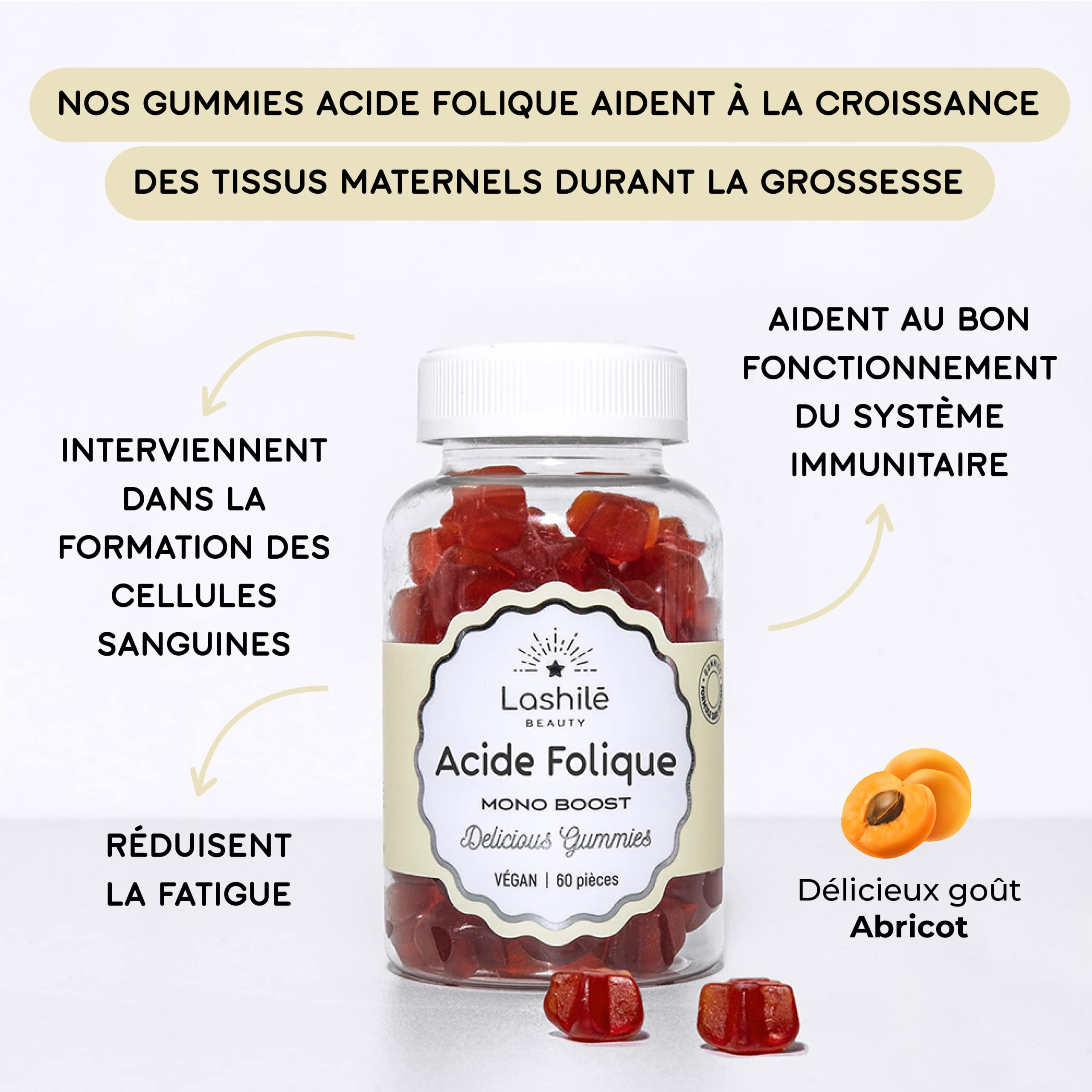 Lashilé Beauty - Compléments Alimentaires - Acide Folique (Vitamine B9) - Croissance des tissus maternels - Cure 30 jours - Fabrication Française