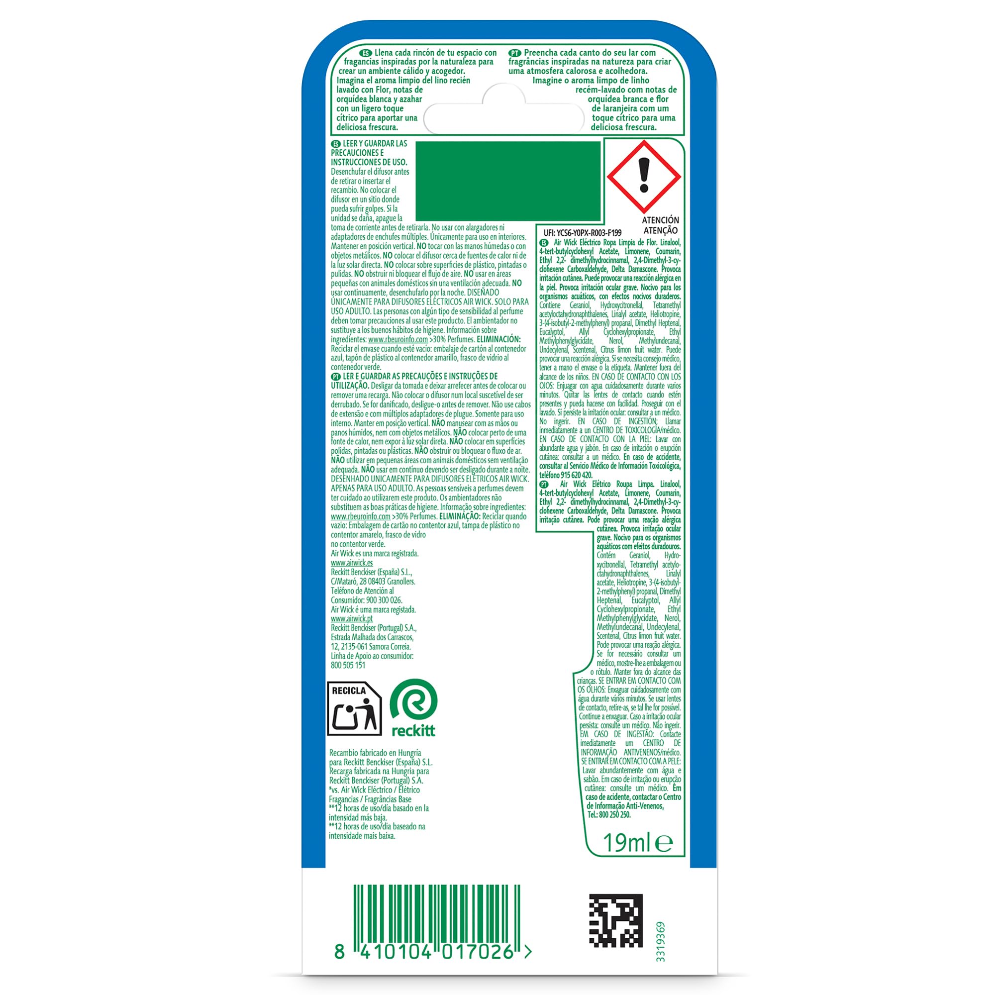 Air Wick Eléctrico - Recambio de Ambientador Automático Eléctrico, Esencia con Aroma a Ropa Limpia, Flor, 19 Mililitros, El embalaje puede variar