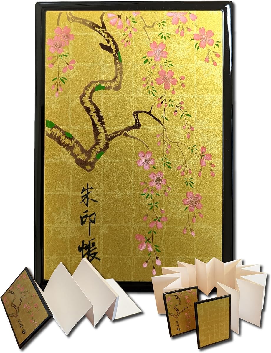 Libro de sellos japonés Goshuincho [estilo acordeón] – Auténtico cuaderno de papel japonés hecho a mano para artículos esenciales de viaje de Japón, sellos de templo y santuario, diario y regalo de recuerdo (Sakura negro 48 páginas)