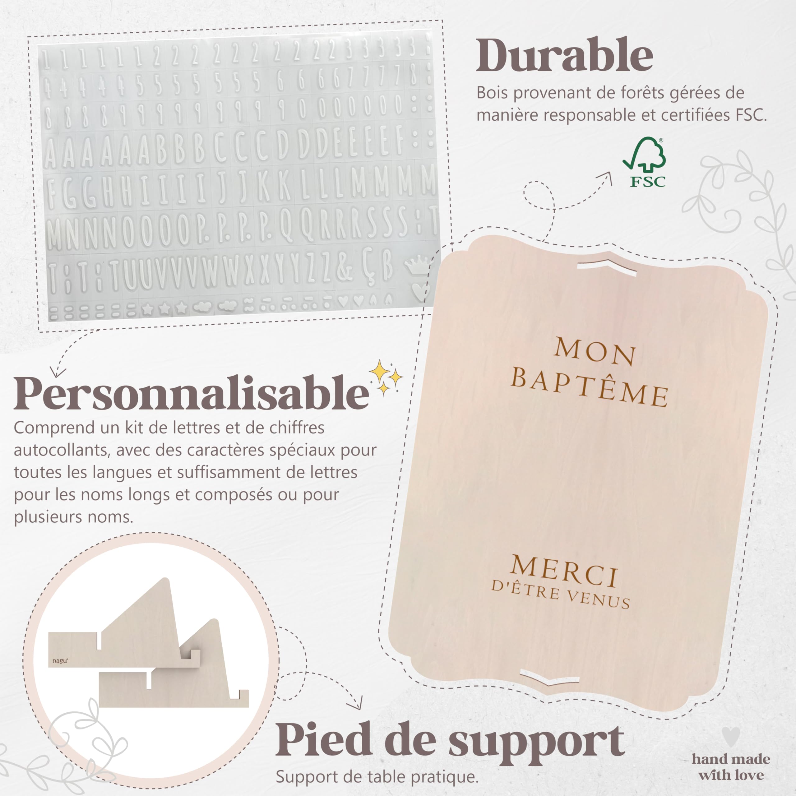 nagu® Baptême Décoration | Panneau Personnalisé en Bois 30x22 cm | Poster Baptême Fille ou Garçon avec Lettres Autocollantes | Pancarte avec Support & Trou pour Accrocher