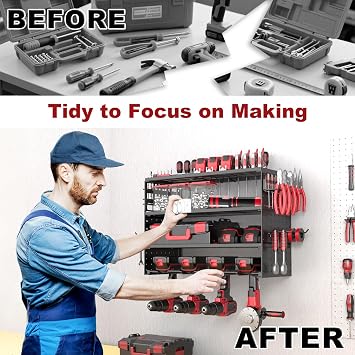4 Level Tool Wall Mount Wall Mount Hammer Drill Tool Rack for 4 Power Tools Metal Tool Organiser with Side Screwdriver for Garage Workshop