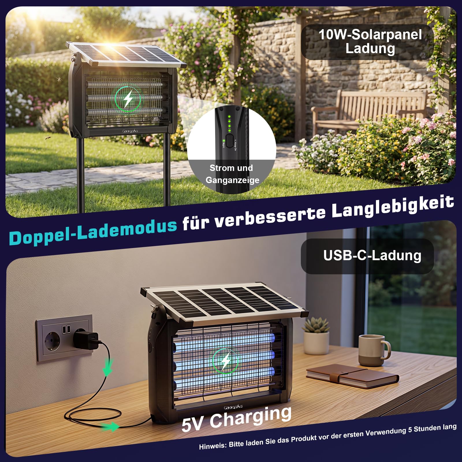 Insektenvernichter Solar für Außen, Insektenvernichter Elektrisch mit 4000mAh Akku, IPX5 Wasserdicht Moskitoschutz Mückenfalle, Kabellose Mückenlampe mit Erdspieß für Garten, Terrasse, Camping