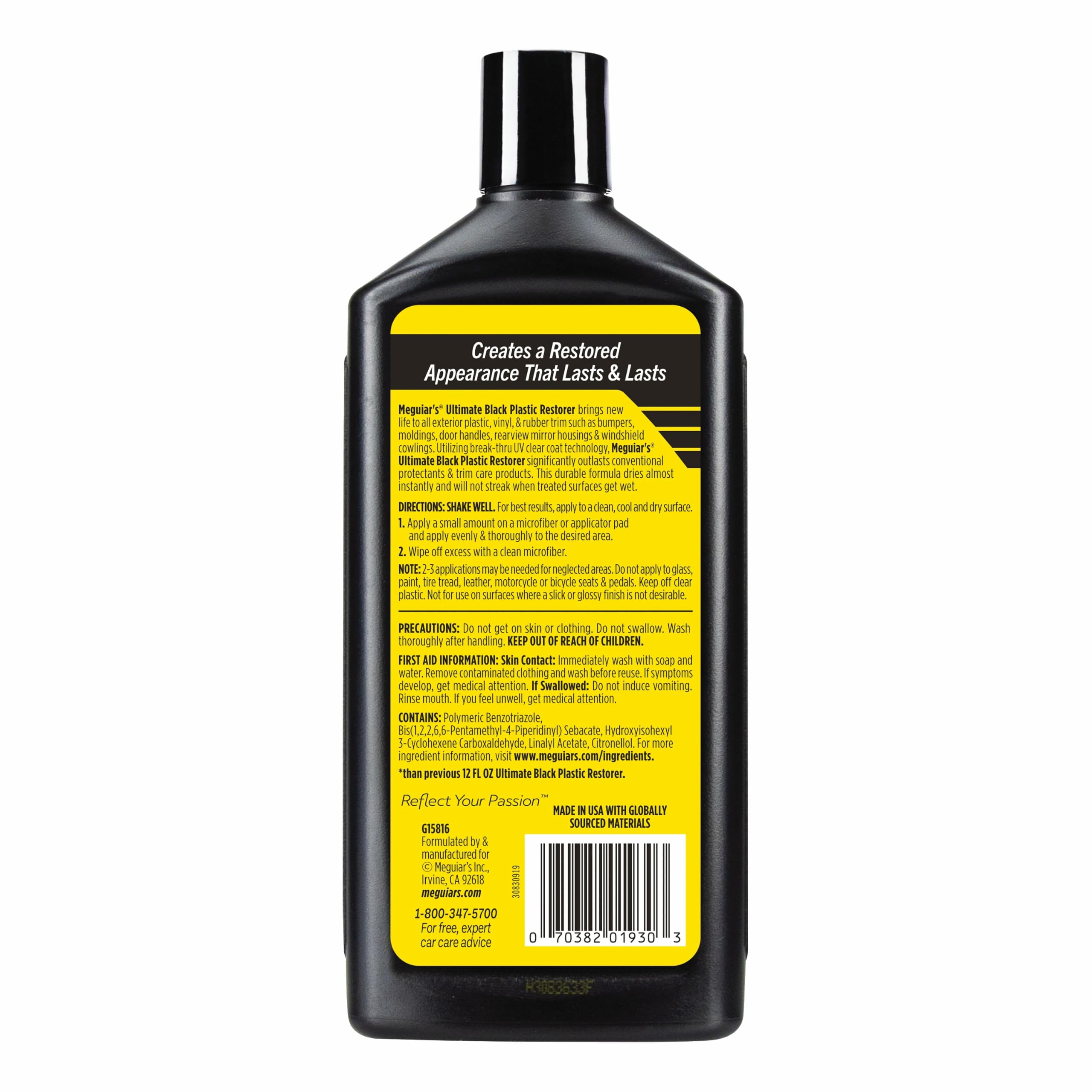 Meguiar's G15812EU Rénovateur Plastiques extérieurs Noirs Ultimate - Restaurateur Plastique - Éclat Garnitures Noires - Revitalisant Aspect Neuf - 473 ML, Noir