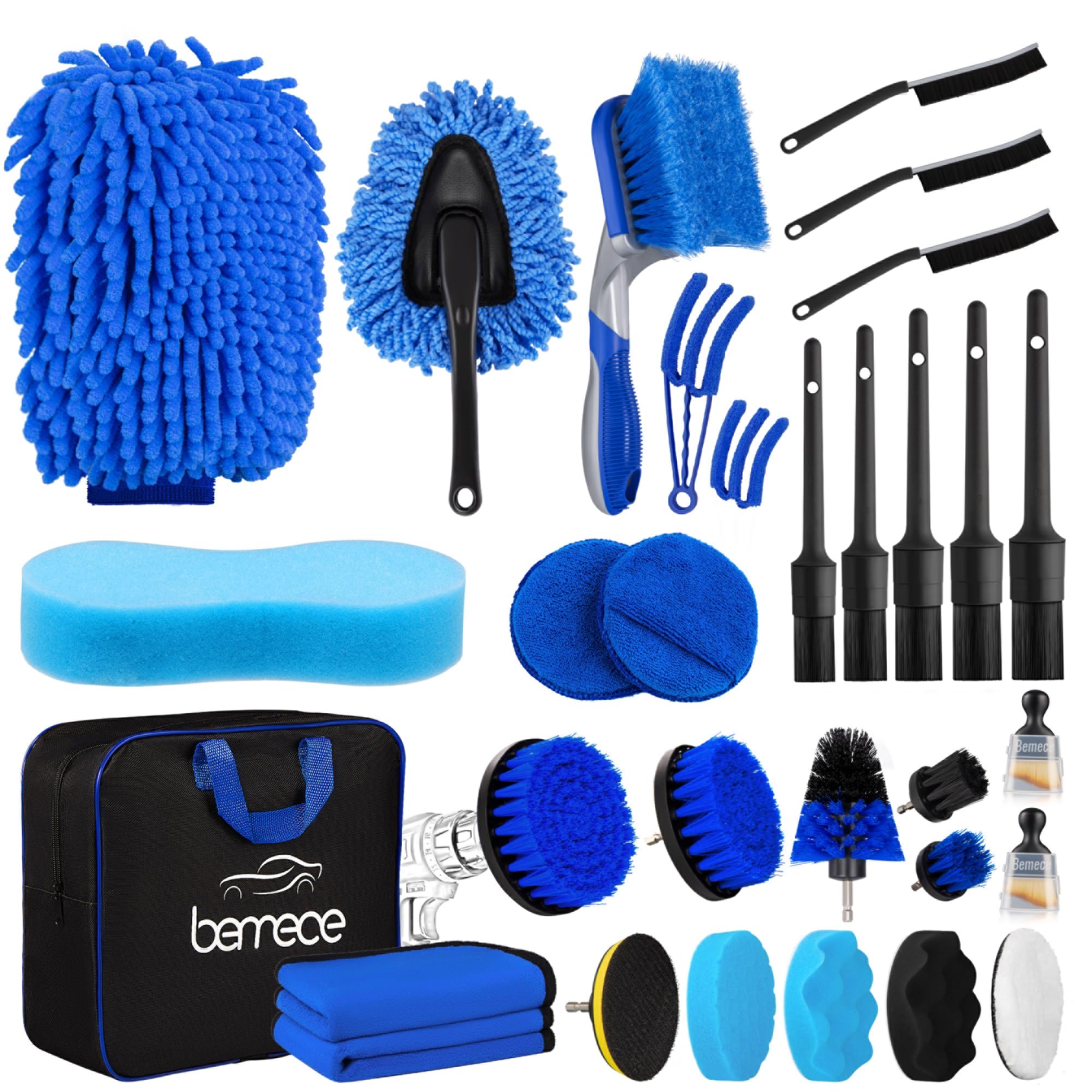 bemece 31 PCS Car Wash Brush, Car Cleaning Brush, Car Detailing Brush Kit for Cleaning Wheels, Interior, Exterior, Leather, Dashboard, Vents (Blue)