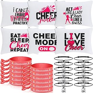 30 Pieces Cheer Bag Gift Set, 6 Travel Cheerleading Bags Canvas Cheer Makeup Bag Cosmetic Cheer Cases Zipper Pouches Toiletry Bag 12 Cheer Charm Bracelet Jewelry 12 Hair Ties for Cheerleaders Teams