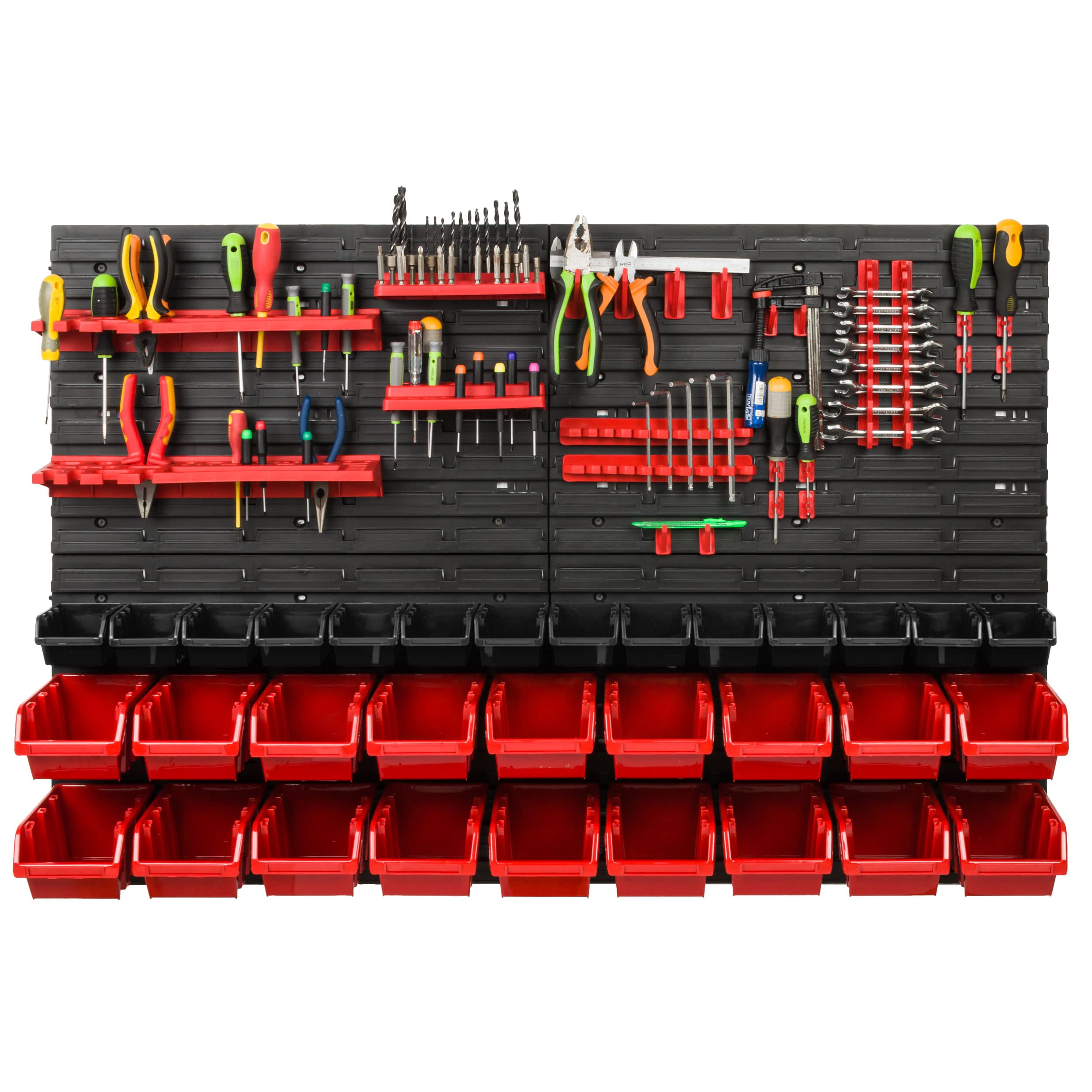 Scaffale da officina, 115 x 78 cm, 32 pezzi, con supporti per attrezzi e scatole impilabili, pannelli da parete, scaffali extra resistenti, per merci, garage, scaffali