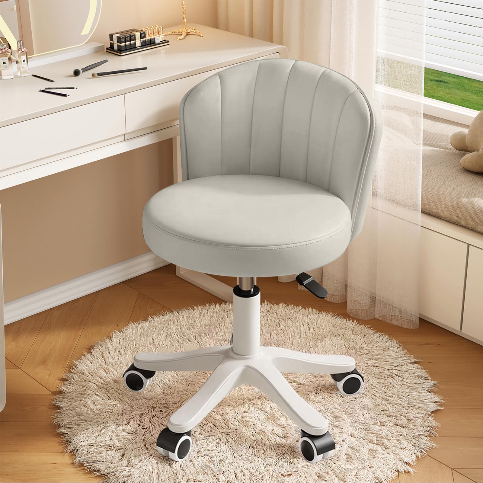 Silla Pequeña Redonda Deslizante para Escritorio Sin Brazos Cómoda Silla de Maquillaje y Computadora con Respaldo Bajo de Cuero PU Ajustable en Altura Giratoria para Trabajo y SPA