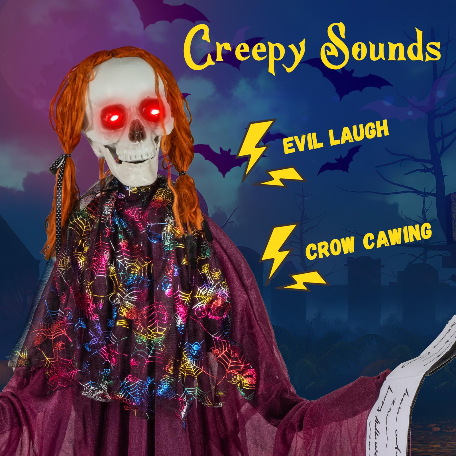 Tangkula Scheletro animatronico di Halloween con libro, spaventoso puntello animato con suoni ululanti, occhi rossi lampeggianti e braccia posizionabili, decorazione di Halloween in piedi per veranda